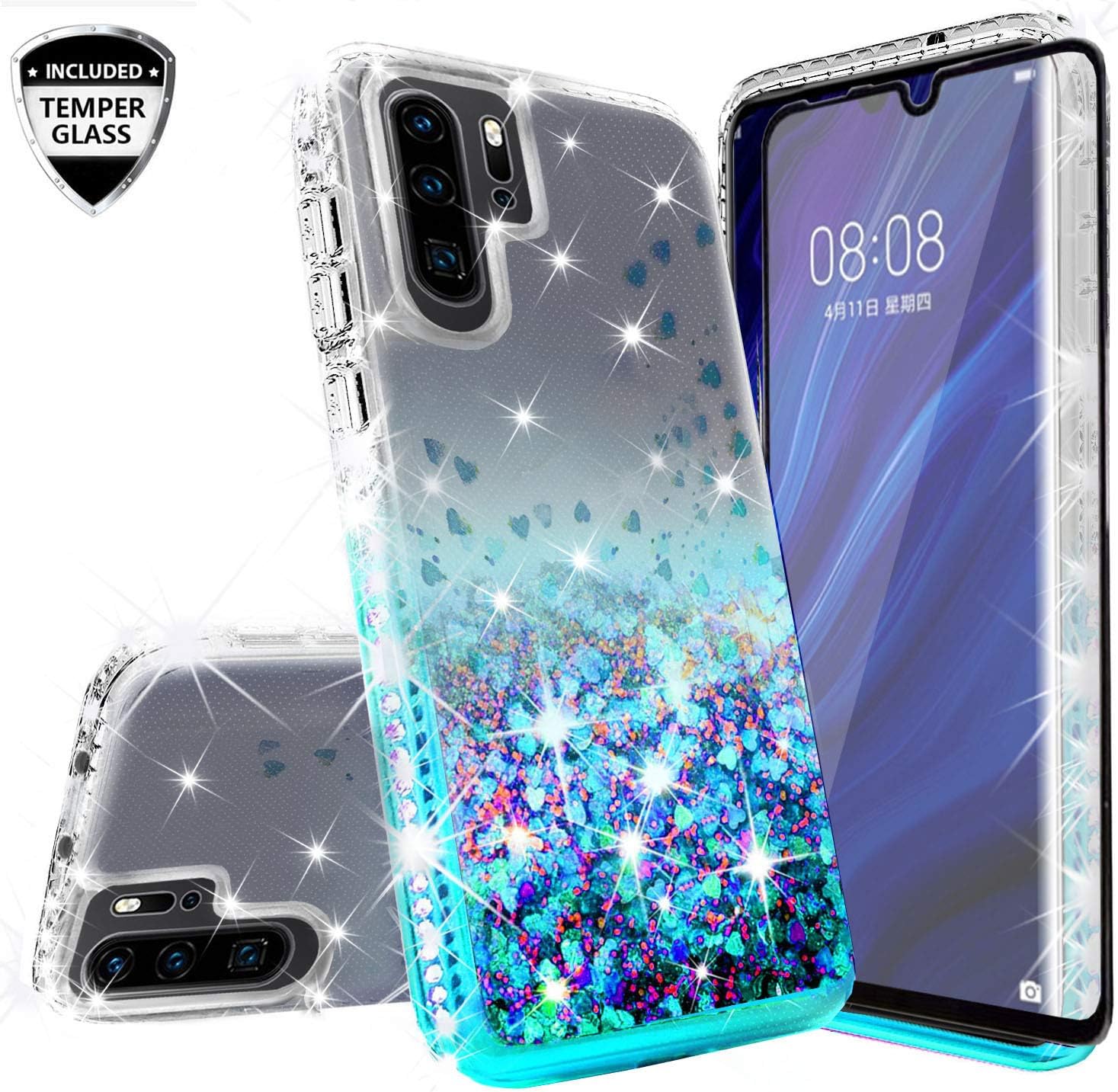 Compatible for Huawei P30 Pro Case, with [Tempered Glass Screen Protector] SOGA Diamond Liquid Quicksand Cover Cute Girl Women Phone Case - Clear/Teal