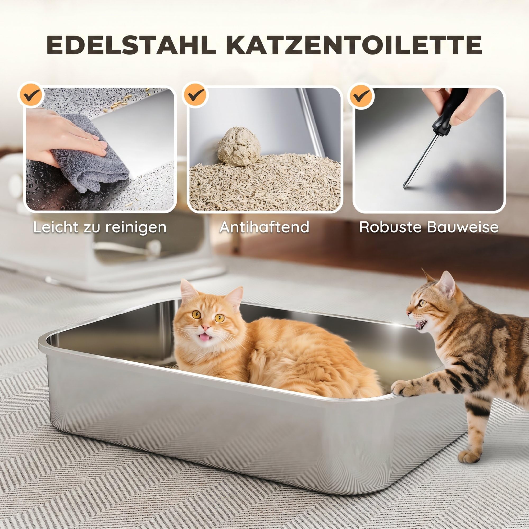 PawHut Katzenklo XXL Edelstahl mit Deckel 52L für große Katzen Weiß | Katzentoilette für Mehrere Katzen, mit Doppeltüren, Schaufel, Hoher Ränder, Leicht zu Reinigen, Anti-Leck, Geruchsresistent