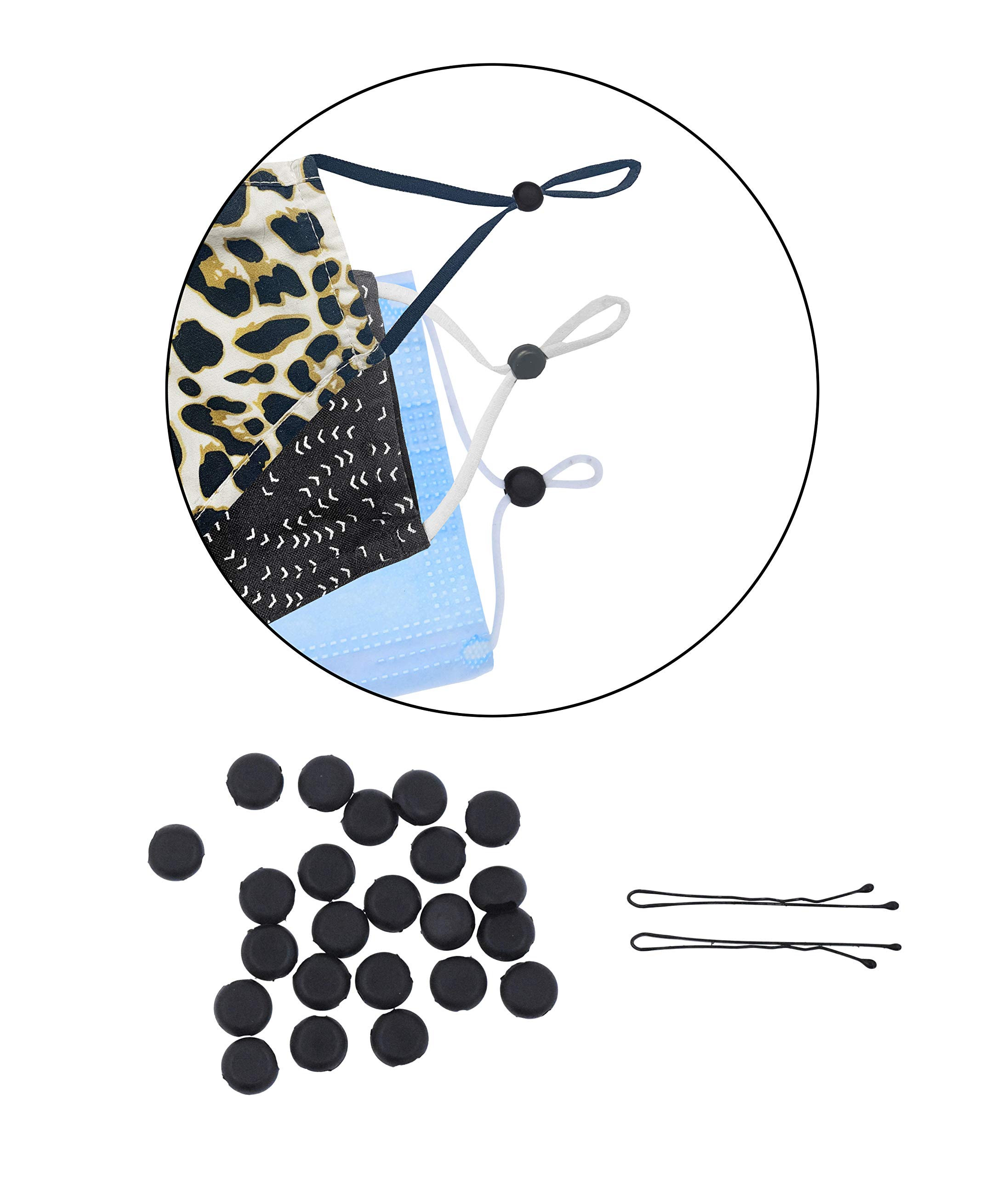 Mandala Crafts Donut Masks Adjusters Elastic Cord Locks for Adjustable Ear Loops Straps Ties - 200 Black Silicone Face Masks Clips Tighteners Toggle