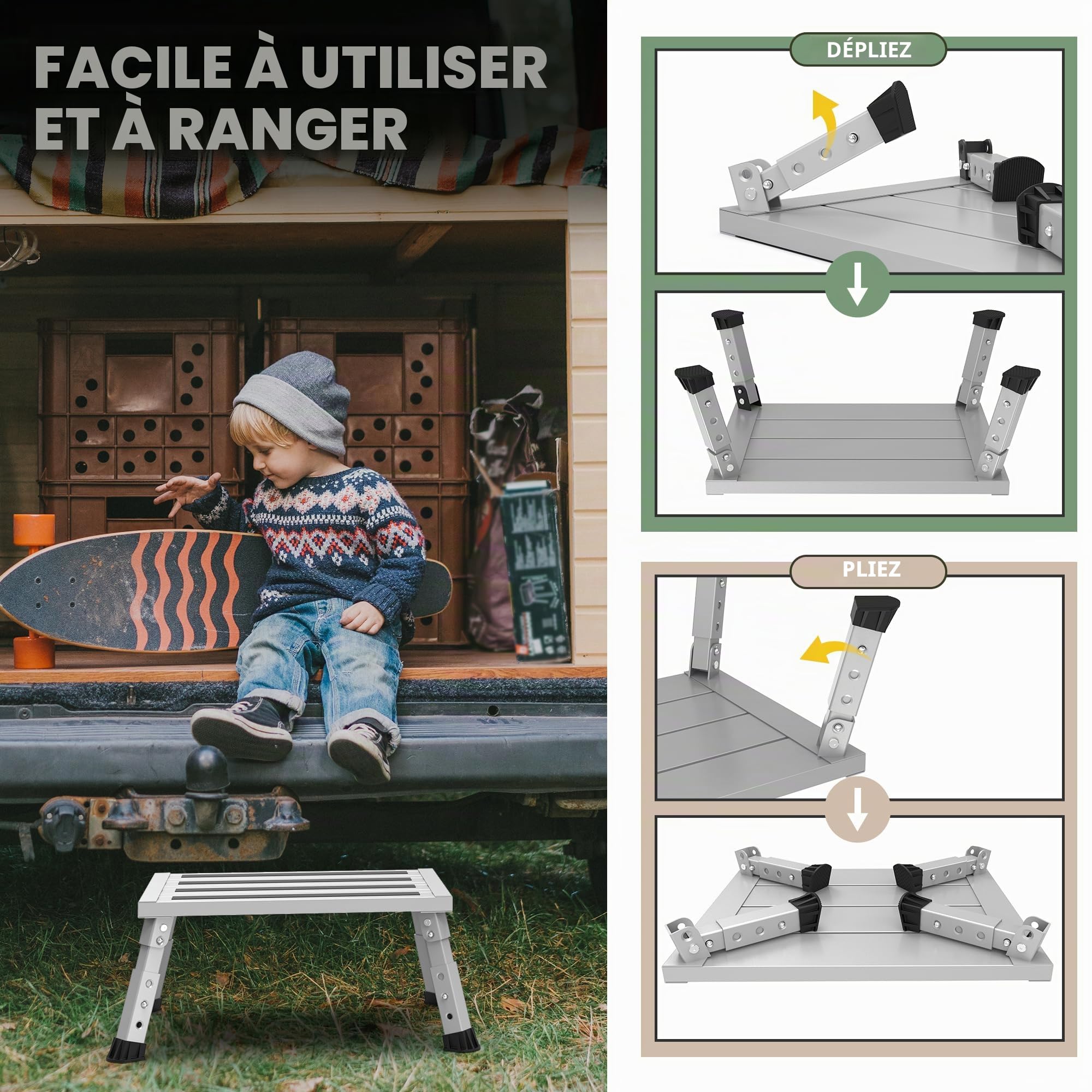 Tabouret pliable réglable pour caravane, camping-car, SUV, en métal résistant, supporte 350 kg, antidérapant et pliable, 3 niveaux de hauteur (18-24 cm), portable, pour camping, personnes âgées