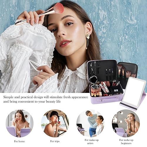 Miniatura 6 de WangSelect Bolsa de maquillaje de viaje con espejo iluminado, organizador de cosméticos portátil, estuche de tren con divisores ajustables y soporte