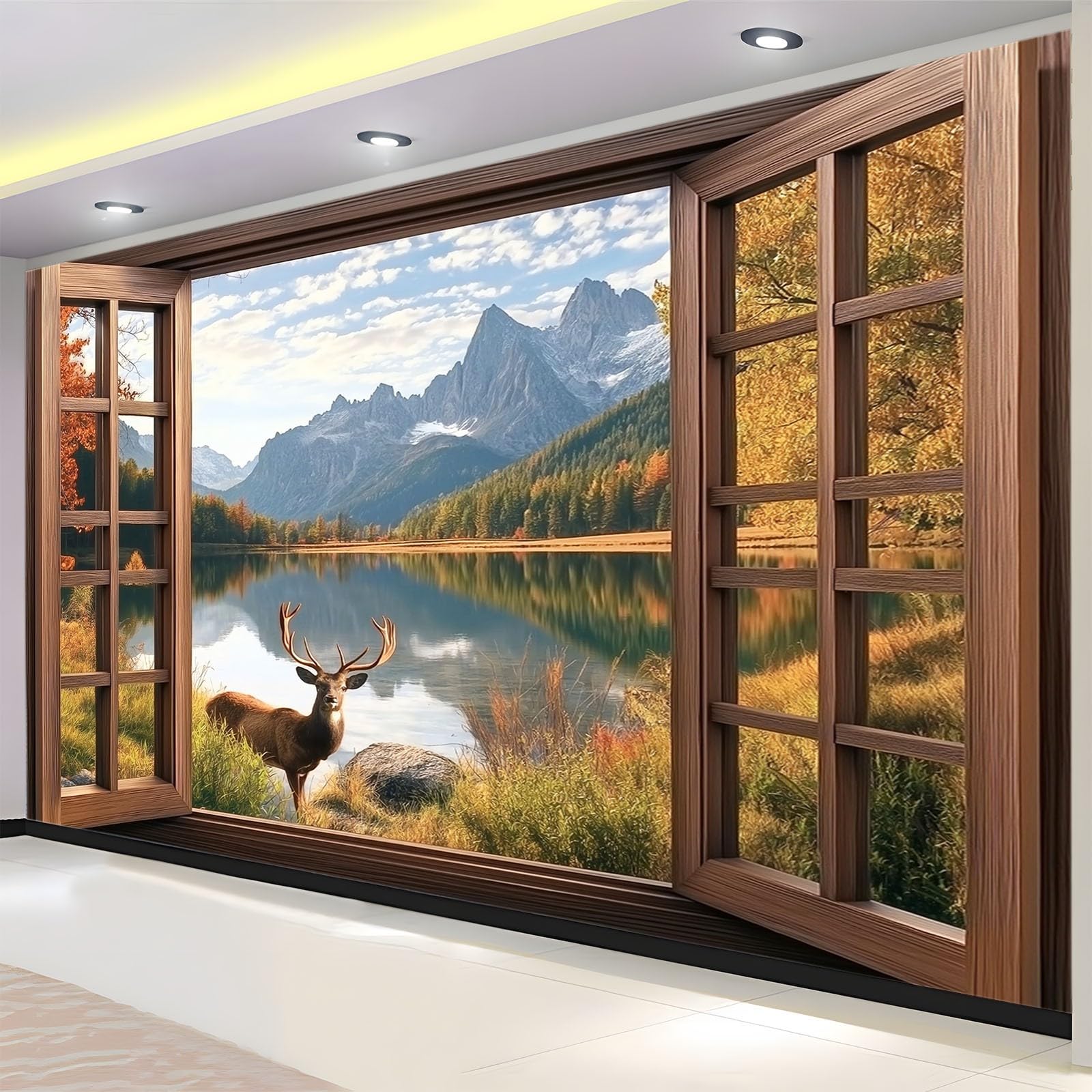 Fototapeta 3D Realizm Rama okienna Góry Jeleń Fototapeta Nietkany Plakat Fototapeta 300 x 210 cm Moda Dziecięca Dekoracja Domu Tapeta Papierowa Fototapeta
