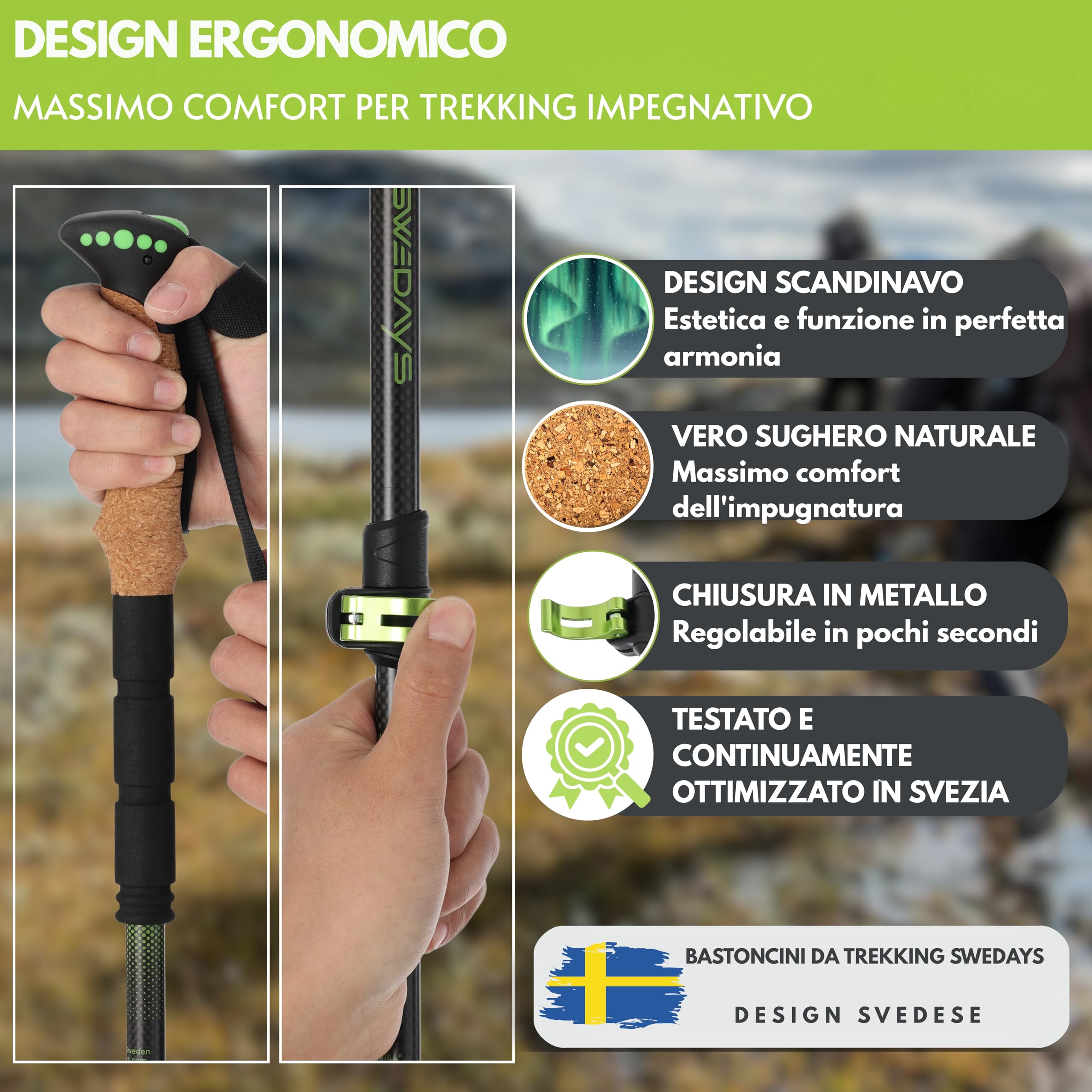 Bastoncini da trekking telescopico (Carbonio Nero) | Bastoni Nordic Walking, Manico in Sughero Ergonomico, leggero, facile da regolare 63-135 cm per per Donna e Uomo