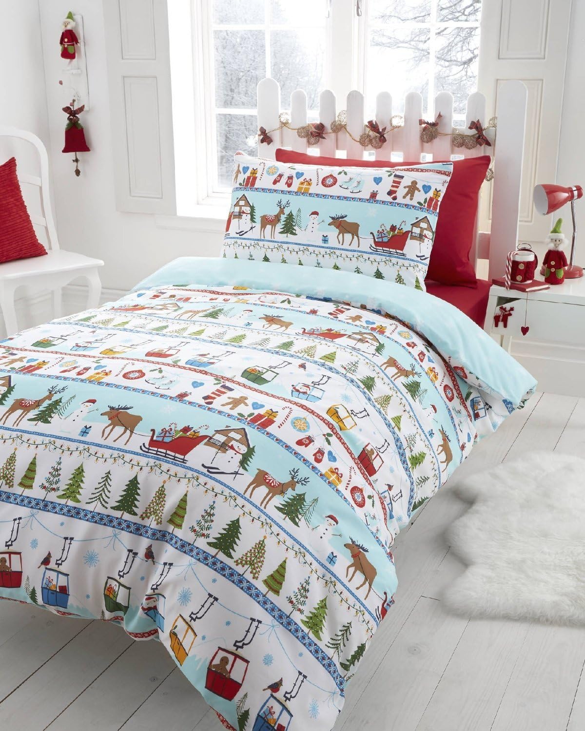 Christmas Tree Xmas Snowflake Reversible Quilt Duvet Cover and Pillowcase Bedding Bed Set, Multi-Colour, Single