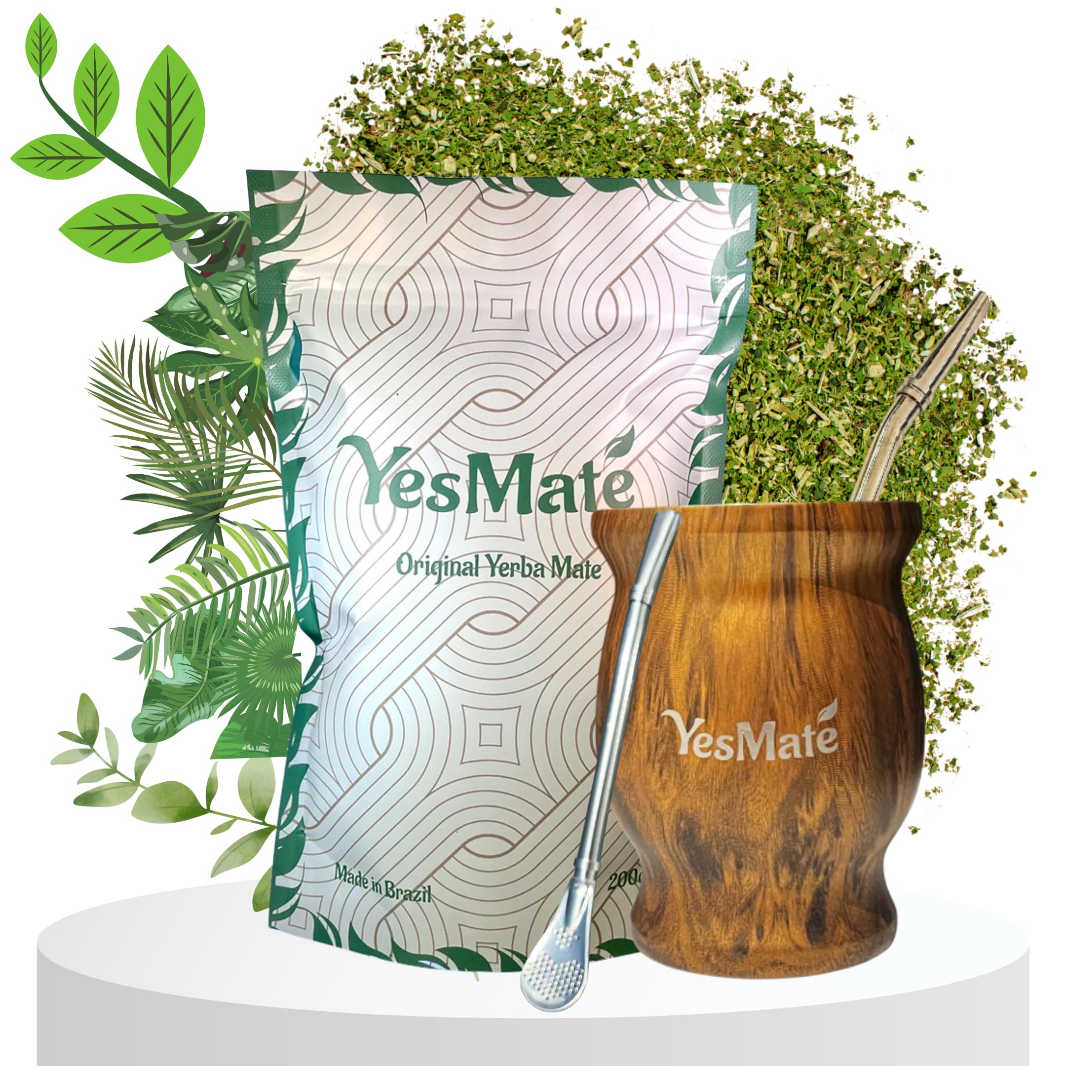 YesMate Yerba Mate Starter Kit – 200Gr Loose Leaf Yerba Mate Tea UK Set with Traditional Gourd, Stainless Steel Bombilla & Cleaning Brush – Authentic Beginner Mate Tea Set & Gift (200Gr)
