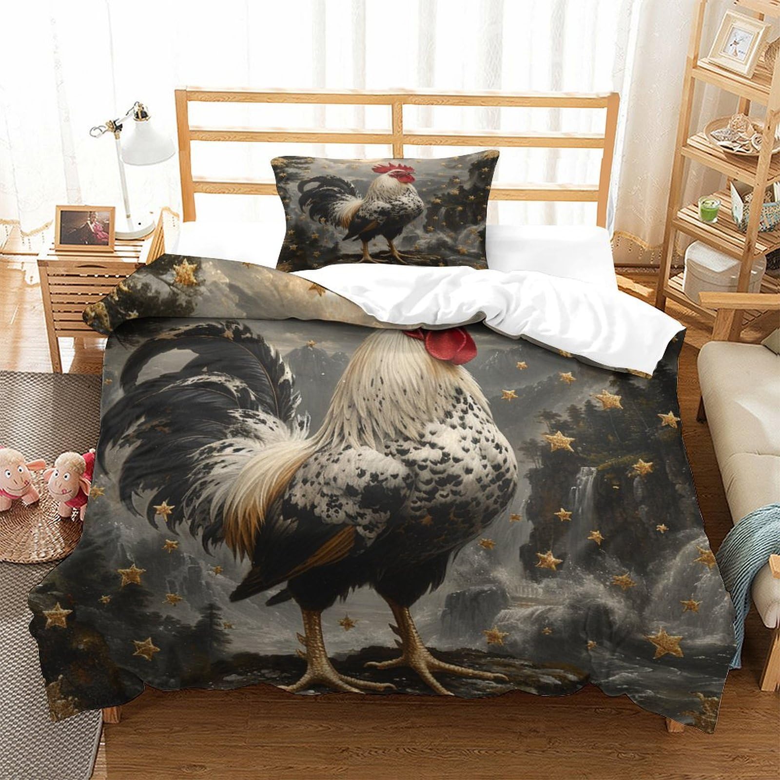 P1s9u7w5y Gallic Rooster-9 3D Printed Rooster Pattern Microfiber 3Pcs Duvet Cover Set Farm Animal Bedding Set Single（135X200cm）