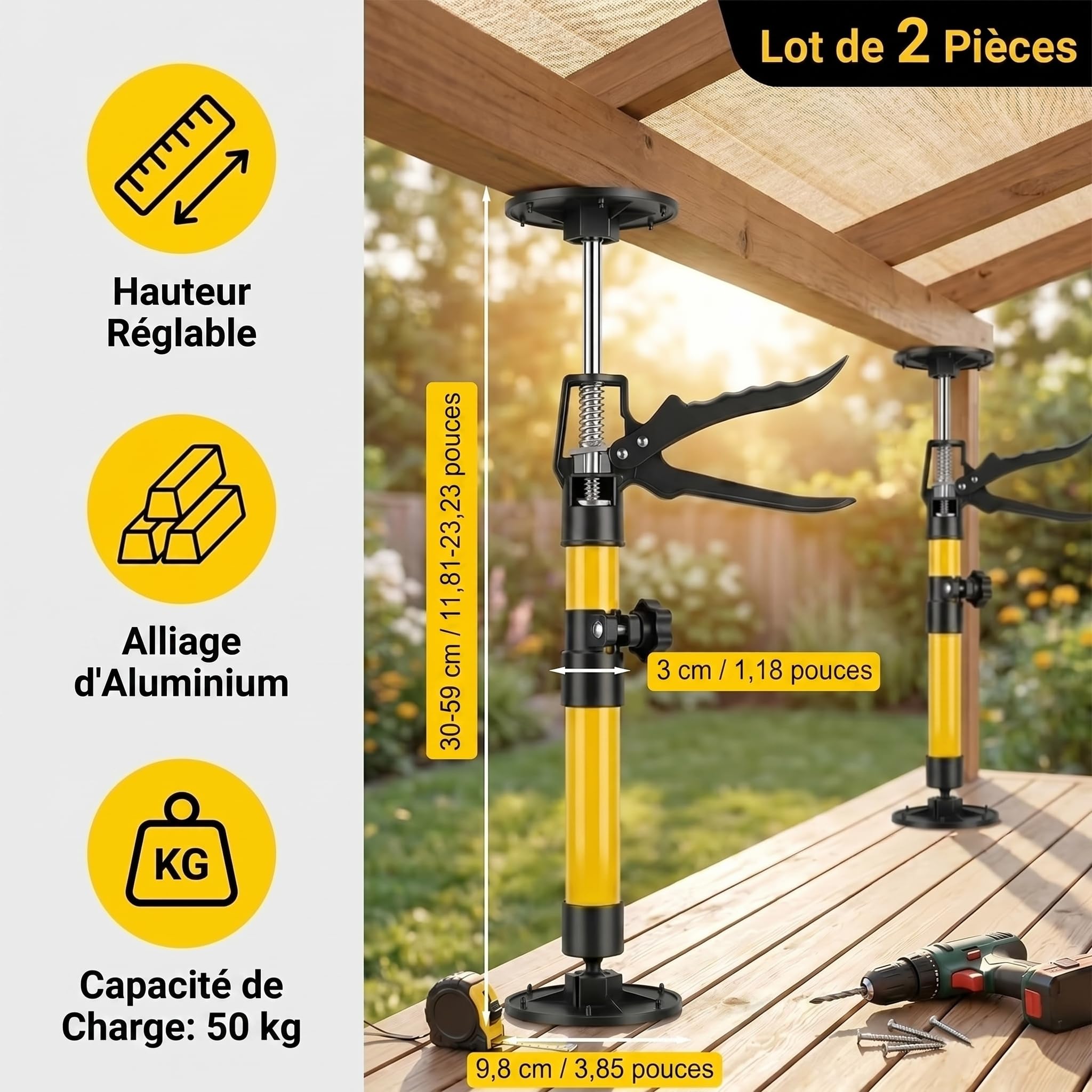 2 Pièces Etai Telescopique 30-59 cm, Support de Montage Polyvalent, Charge 30 kg pour Cadres de Porte et Meubles