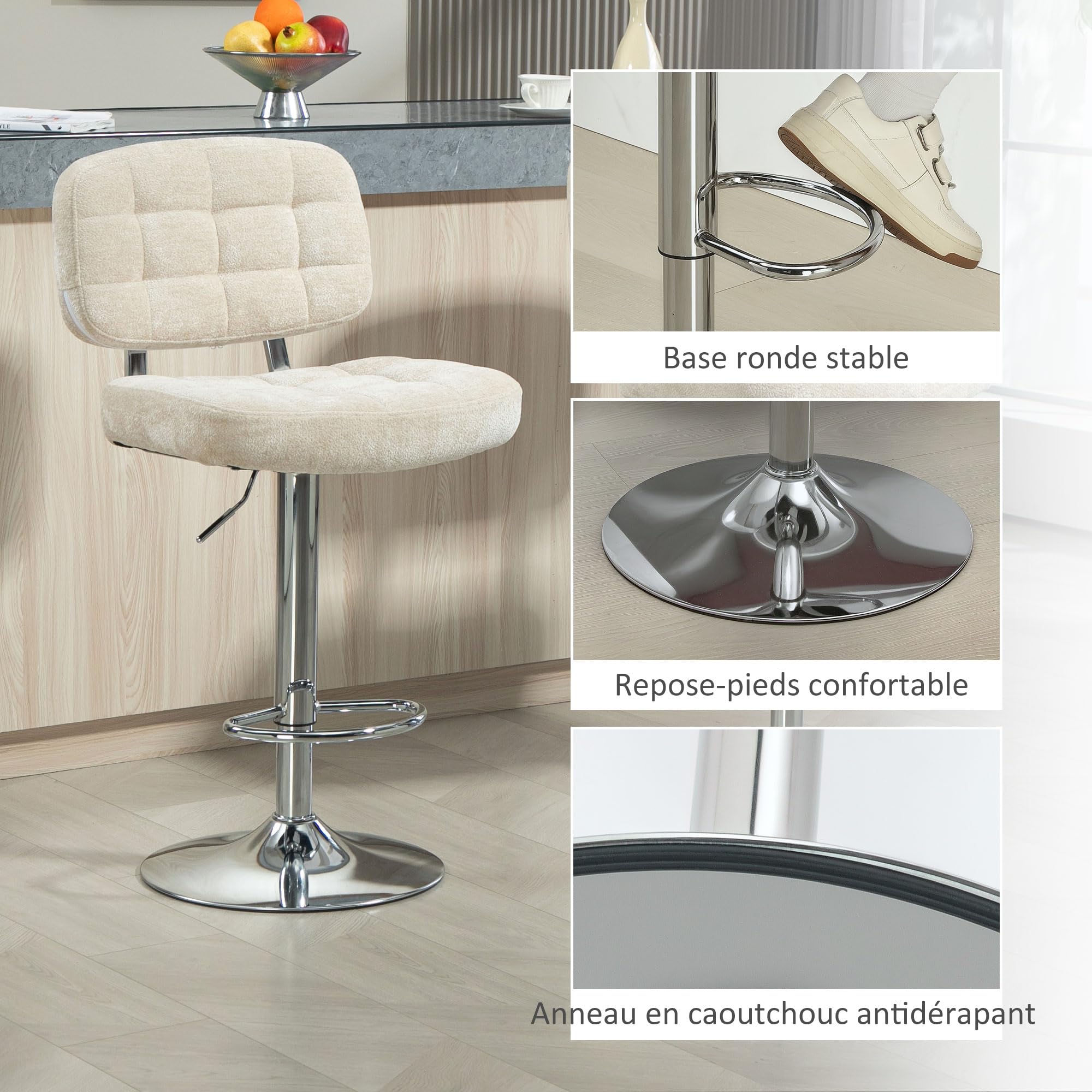 HOMCOM Lot de 2 tabourets de Bar pivotants, Hauteur réglable, Beige | Chaises de Bar, Chaise Haute Cuisine avec Dossier, Repose-Pieds, Cadre en Acier, Charge 120 Kg