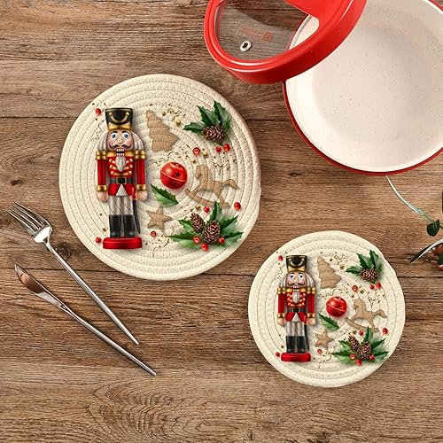 Miniatura 7 de Cascanueces - Juego de 2 soportes para ollas de cocina de Navidad, diseño de caballo de hobbyhorse 100% puro algodón redondo, almohadillas