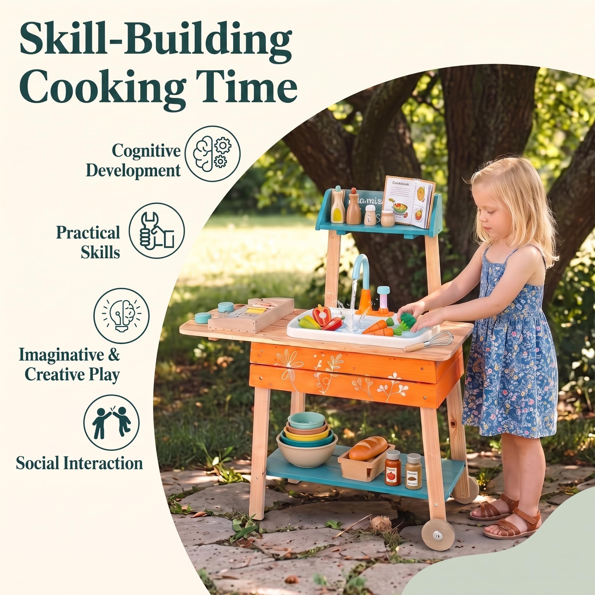HOMASIS Cucina da Esterno Barbecue per Bambini, Cucina Giocattolo Realistica in Legno con Lavandino, Griglia, Manopole Rotanti, Scaffale Inferiore e 2 Ruote per Bambini 3+ Anni, 77 x 33 x 90 cm