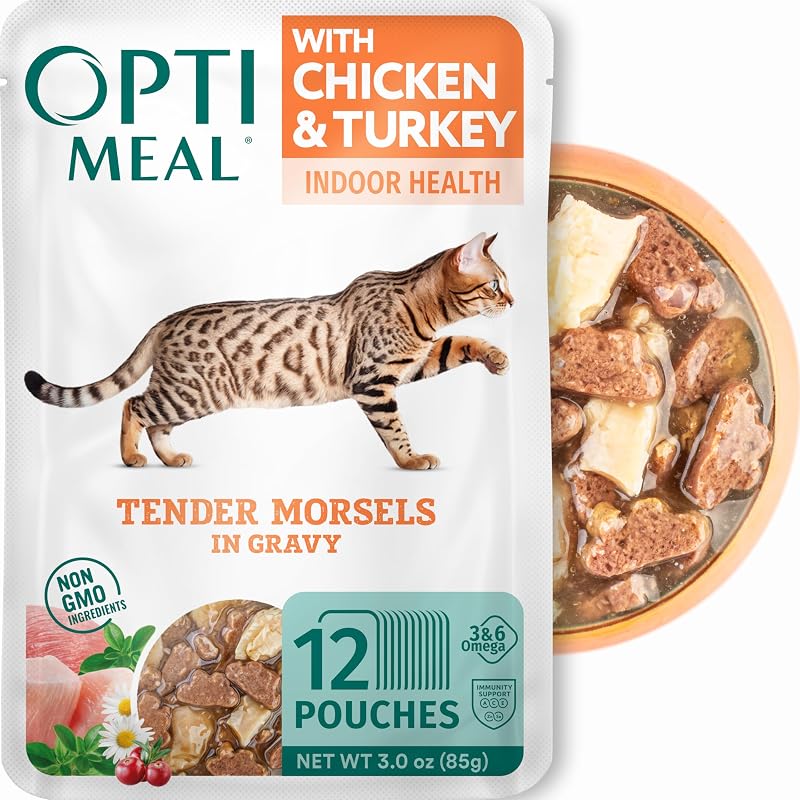 Ração úmida para gatos adultos Optimeal com frango e peru ao molho, alto teor de proteína, Pacote com 12 sachês de 85 g