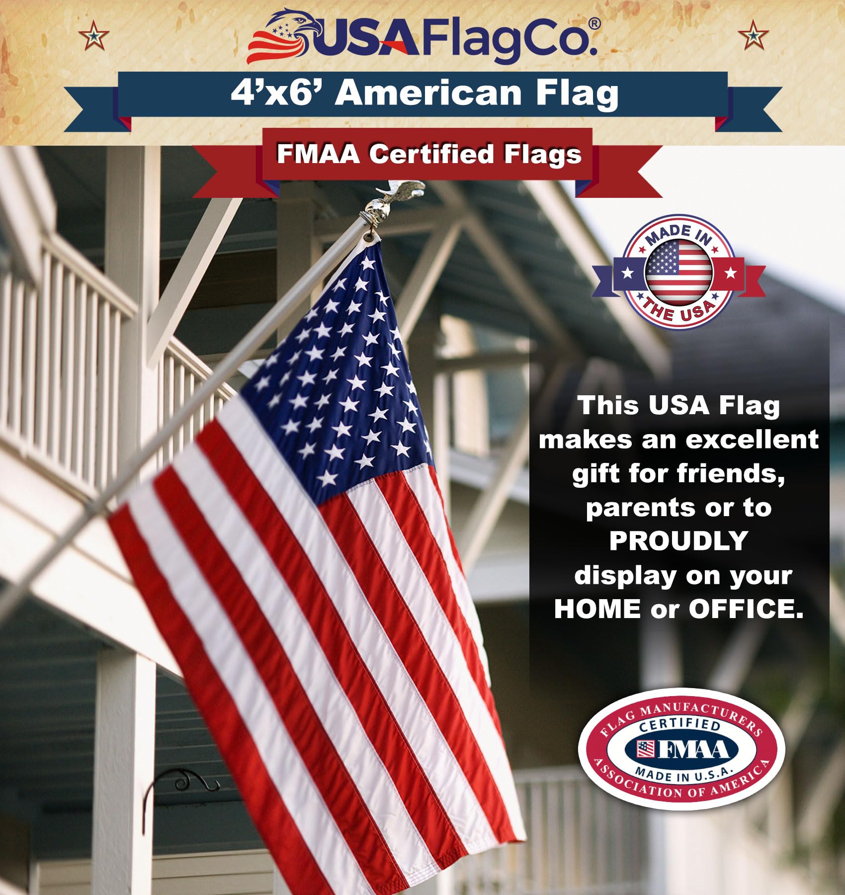 Amerykańska flaga flaga Co., wyprodukowano w USA, haftowane gwiazdy i paski szyte w USA, rozmiar US 4 x 1,5 m, nylon, 4 od 6 stóp