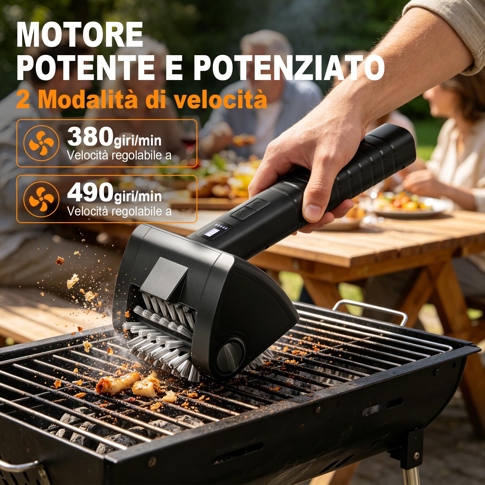 Spazzola Elettrica Barbecue Senza Fili, Pulizia BBQ con Acciaio Inox 304 | Pulitore Barbecue Ricaricabile 4000mAh, 380/490RPM, 90min, IPX7, Luce LED, Spazzola Pulizia Griglia BBQ 2 Velocità
