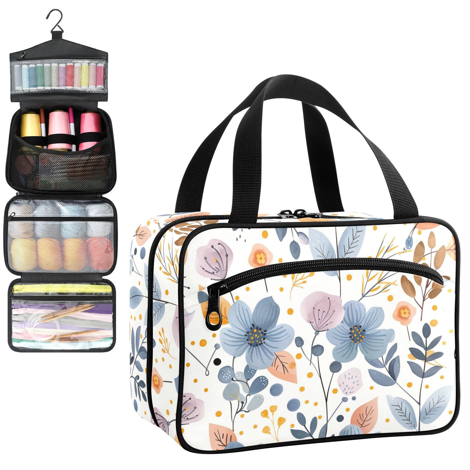 YNNALE Sewing Supply Organizer Bag, Botanical Floral Gray-blue Portable Sewing Bags with Pockets&Hanger, Sewing Storage Box Case for Sew Supplies/Kit/Tools/Accessories (BAG ONLY)
