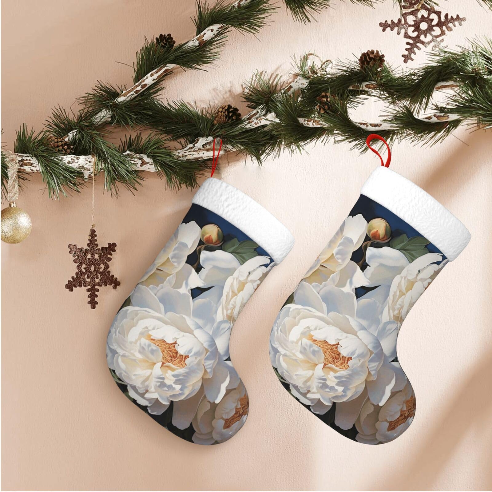 17.7" Christmas Stocking 1 Piece, White Peony Xmas Stockings with White Plush Cuff Fireplace Hanging Stocking for Christmas Holiday Party Decoration