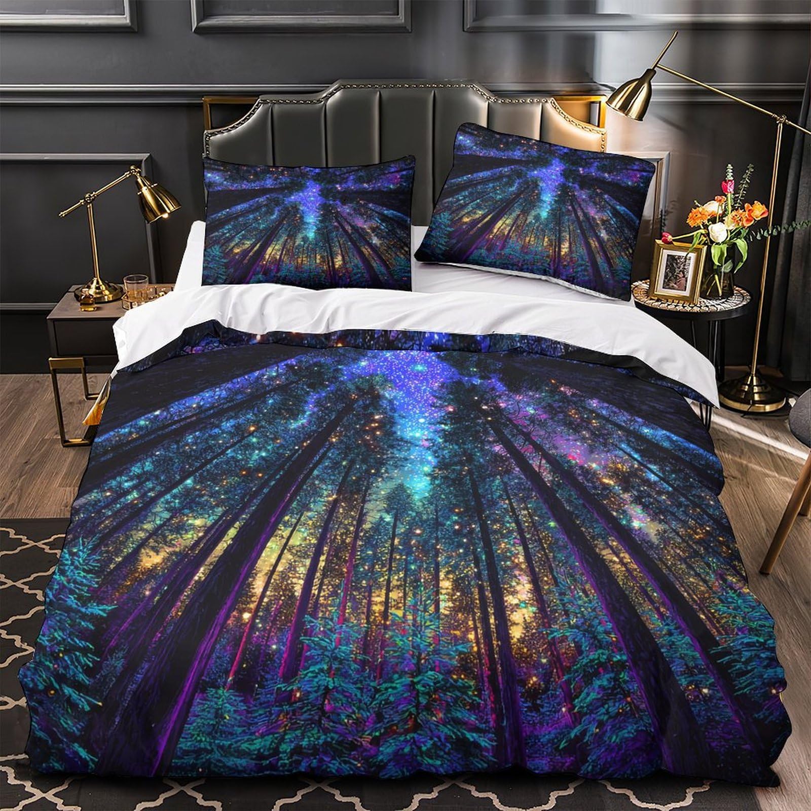 Housse de couette 3D forêt sous le ciel nocturne pour chambre de fille et ado 140x200