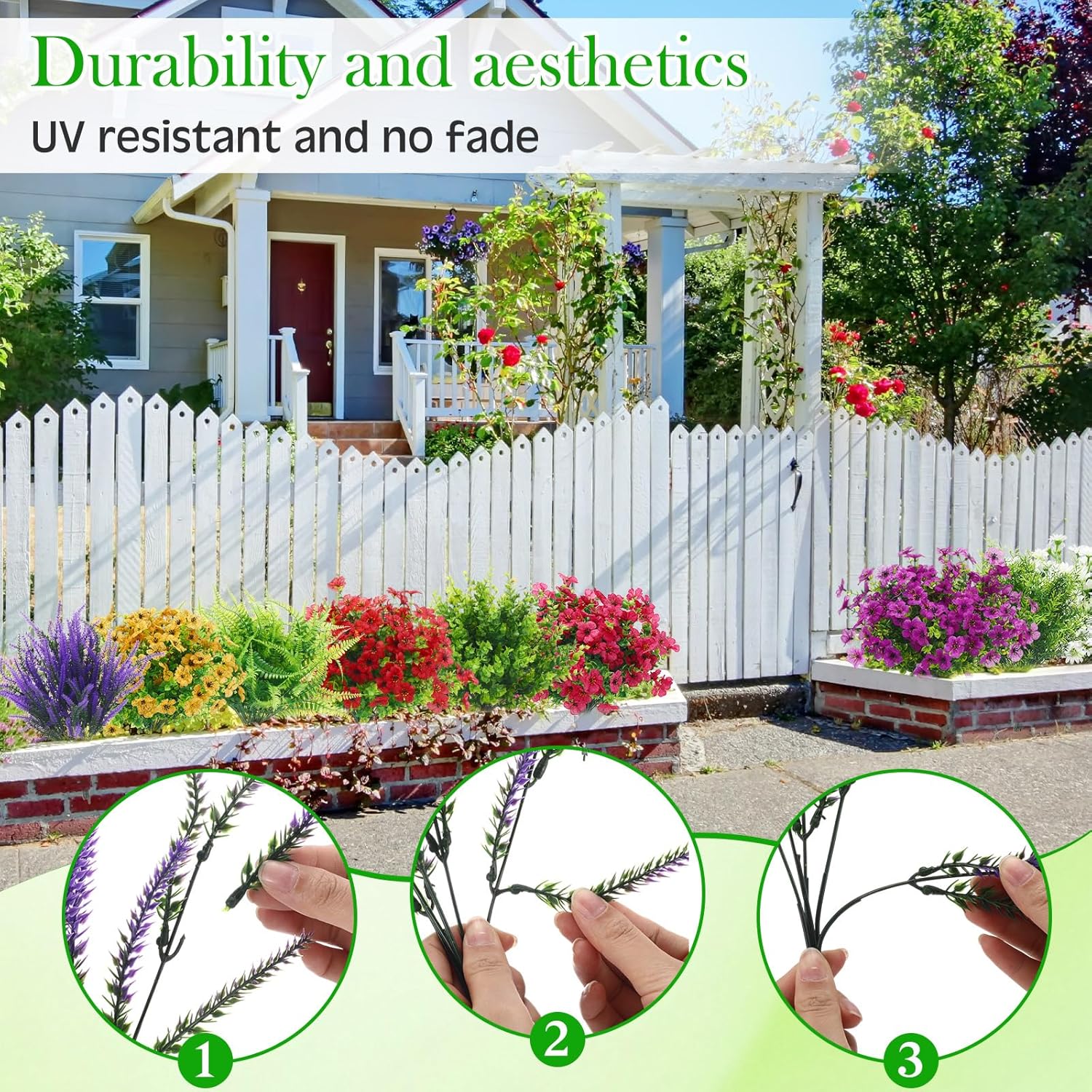 60 Pcs Outdoor Plastic Plants Bulks Artificial Flowers UV Resistant Lavender Flowers Stems Baby's Breath Plastic Greenery Shrubs Fake Daisy Eucalyptus for Home Patio Decoration