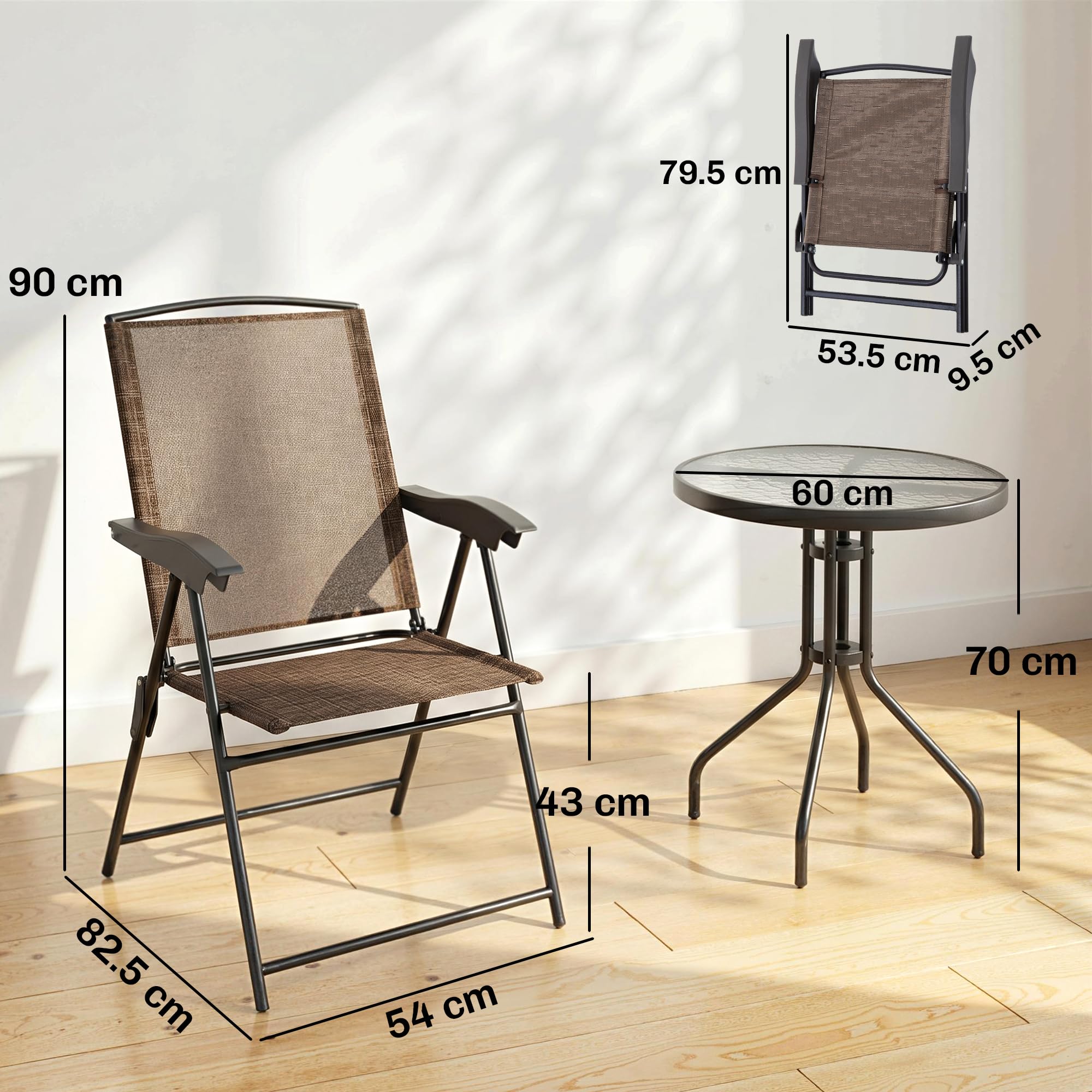 Outsunny Tavolino con 2 Sedie Set Mobili 3pz Pieghevole Regolabile Esterno Textilene Marrone