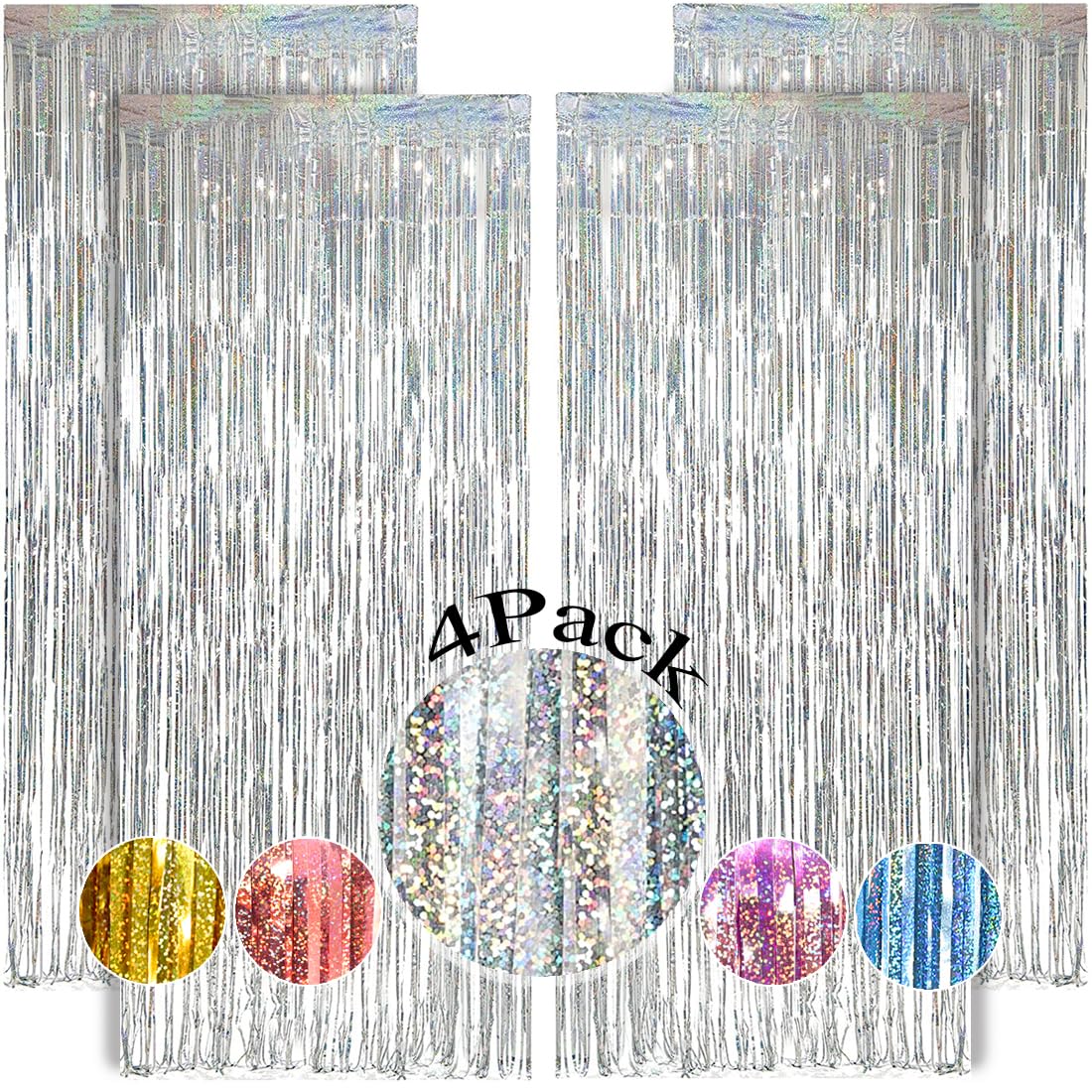 4 Pack Silver Fringe Backdrop 12.8x8.2 Ft Sparkle Metallic Tinsel Foil Fringe Curtain, Silver Tinsel Backdrop Curtain Door Streamers for Birthday