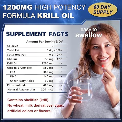 Aceite de krill 1200 mg Omega 3 Suplemento, aceite de krill Omega 3 con alta absorción EPA, DHA, astaxantina y fosfolípidos, apoya la salud del
