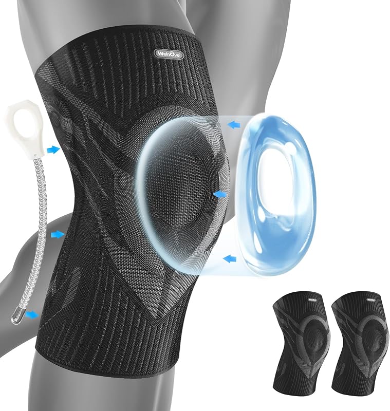 Welnove Fekete kompressziós térdrögzítő szár 2 db oldalsó stabilizálókkal és patella gélpárnával sporthoz, futáshoz, ízületi fájdalomra