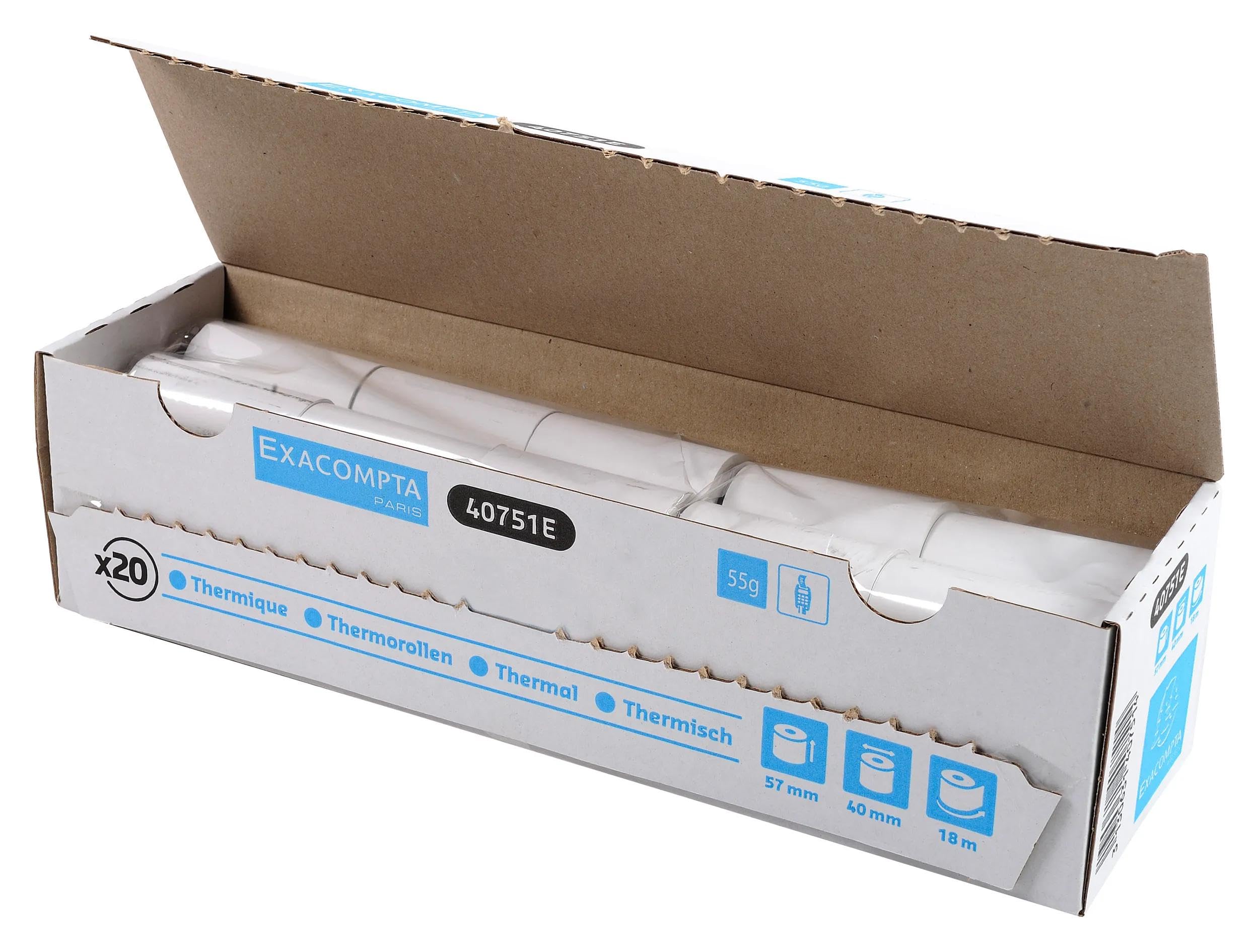 Exacompta - Réf. 40751E - Carton de 120 bobines pour tickets de carte bancaire - largeur 57mm x diamètre 40mm - mandrin 12mm - 1 pli thermique 55g/m² sans BpA - Métrage (+ ou - 2m) : 18 m - Blanc