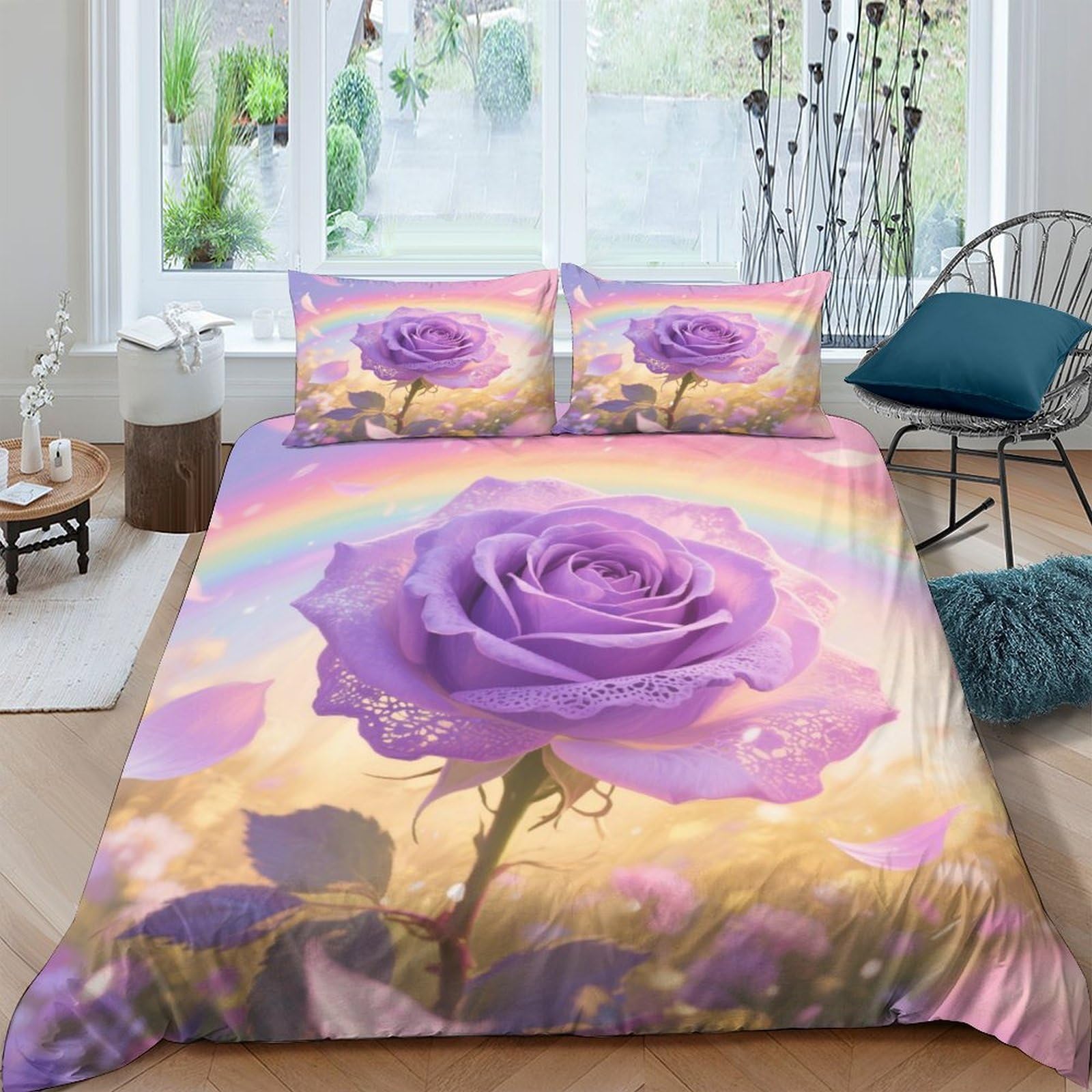 Housse de couette rose 3D en microfibre 220x240cm avec taies d'oreiller pour lit double ado