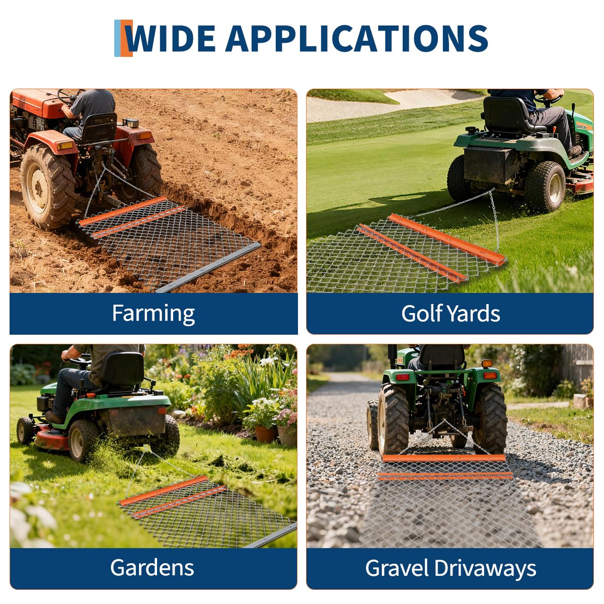 Garvee Herse à chaîne robuste agricole pour ATV/UTV – Nivellement terrain, gazon, allée gravillonnée – Accessoire tracteur ferme, prairie, jardin – 5Ft*4Ft + plaque en fer orange
