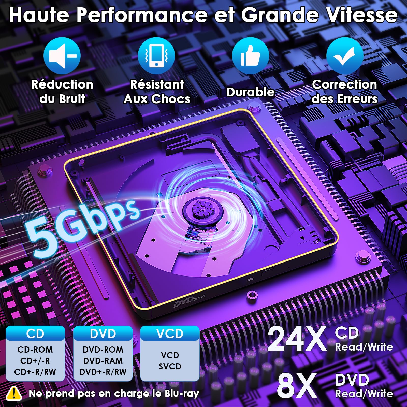 Lecteur DVD CD Externe, USB 3.0 Graveur DVD CD Externe, Ultra-mince Lecteur CD DVD Externe pour PC, Optique Portable CD DVD -/+RW Drive pour Laptop Desktop MacBook Mac Windows 11/10/8/7/XP Linux Vista - 3