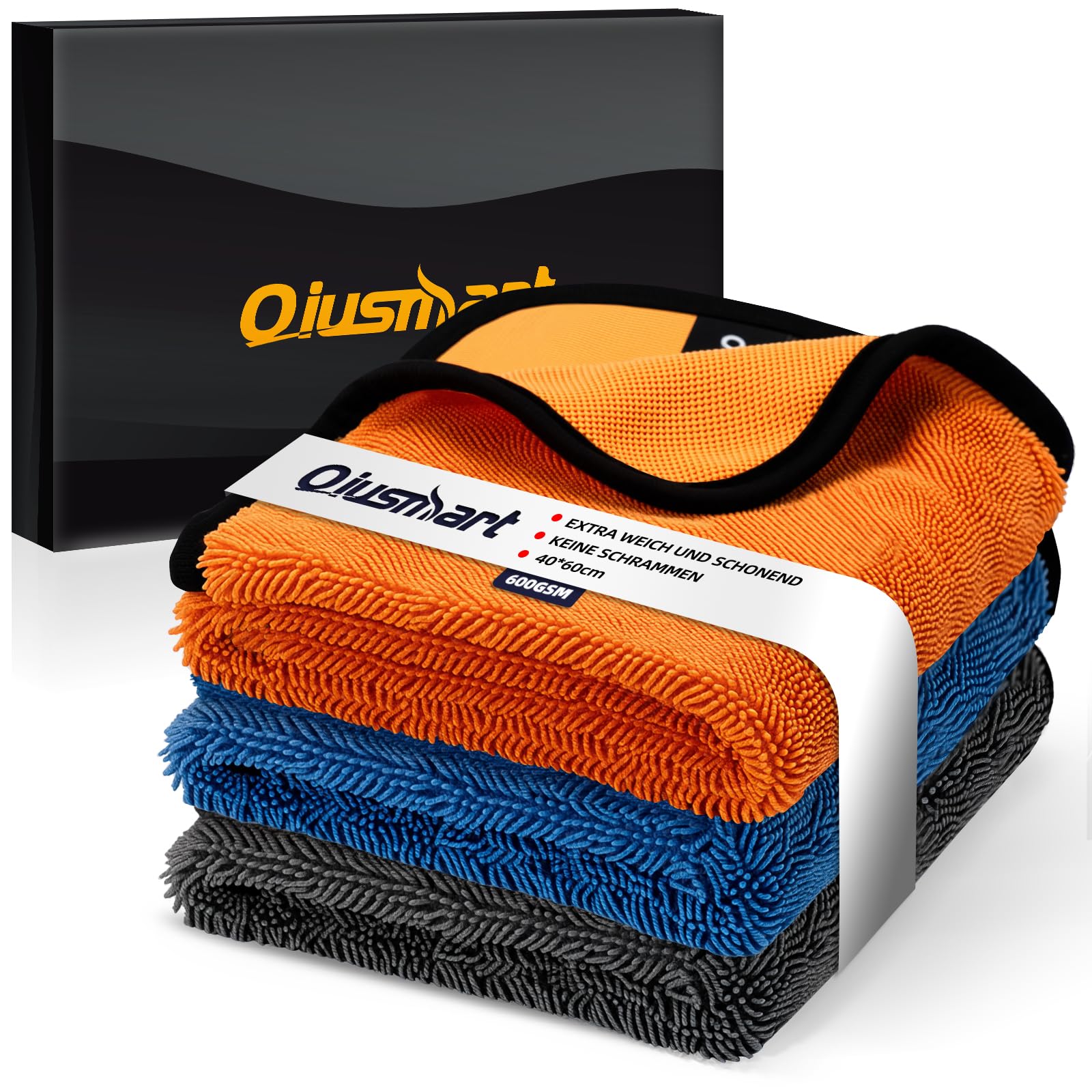 Mikrofasertücher Trockentuch Dusche 3er-Set: Schnelltrocknendes Auto Tuch, Extrem Saugstarke Poliertuch Reinigungstuch, 100% Fussel-frei für Autos, Duschkabine & Haushalt (Orange, Blau, Grau, 40x60cm)