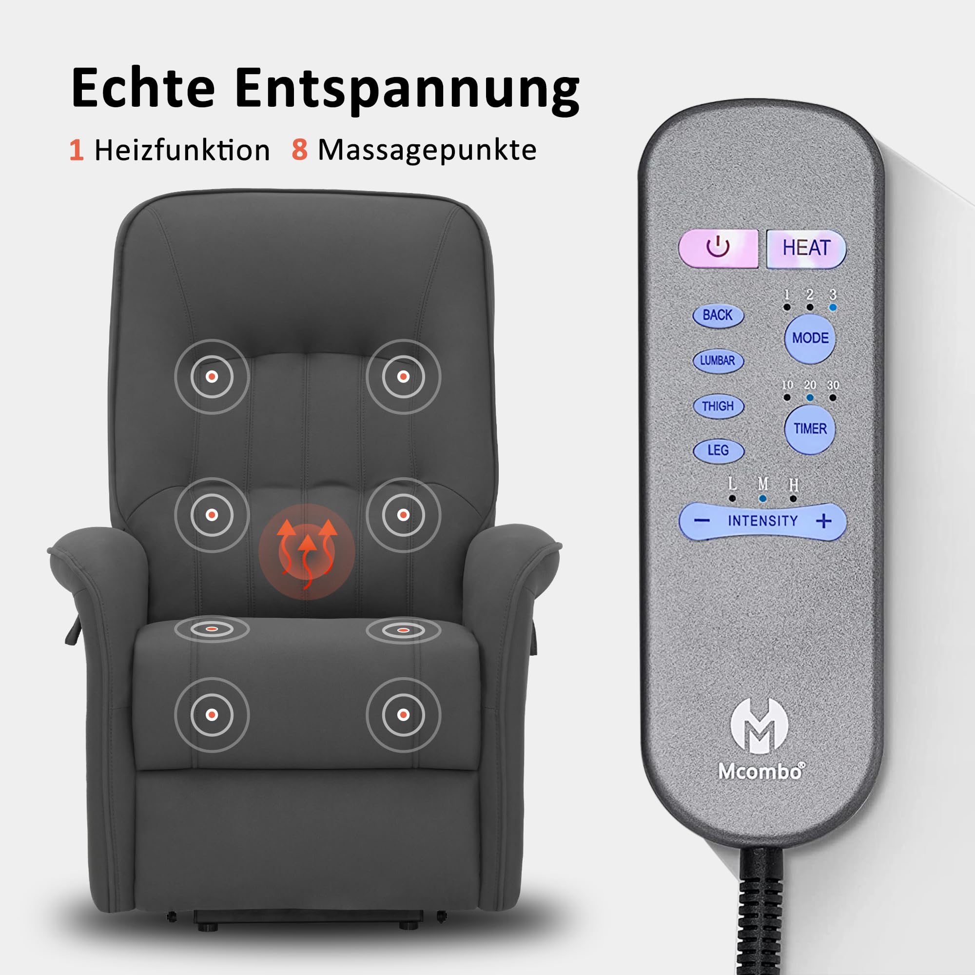 M MCombo Fernsehsessel mit Aufstehhilfe Elektrisch 2 Motoren, mit Massage & Heizung, Relaxsessel mit Liegefunktion bis 160° 35D Vollschaum-Sitzkissen 7584 (Mikrofaser, Grau)