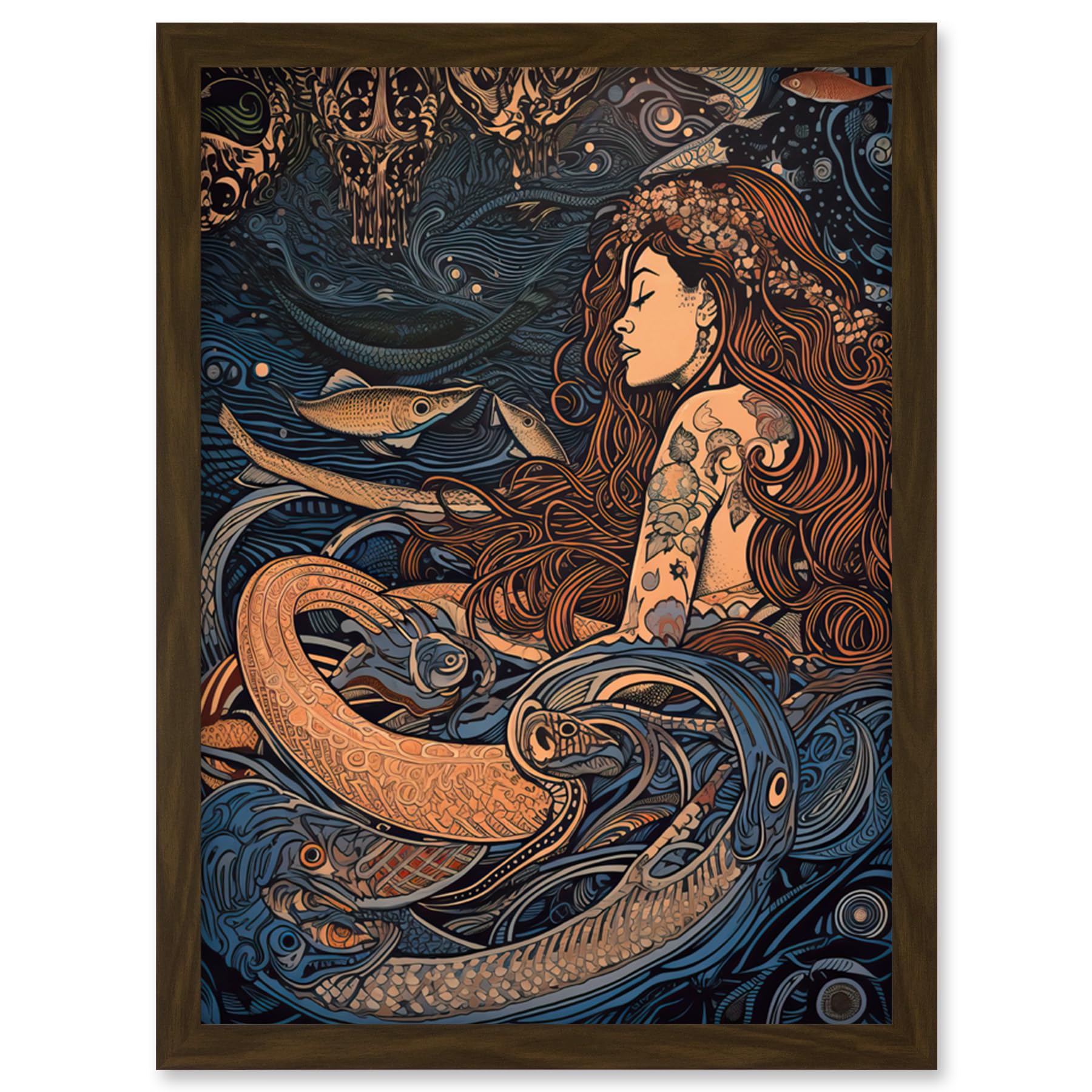 Little Mermaid and Aquatic Animals Framed Wall Art Print A4 - Artery8