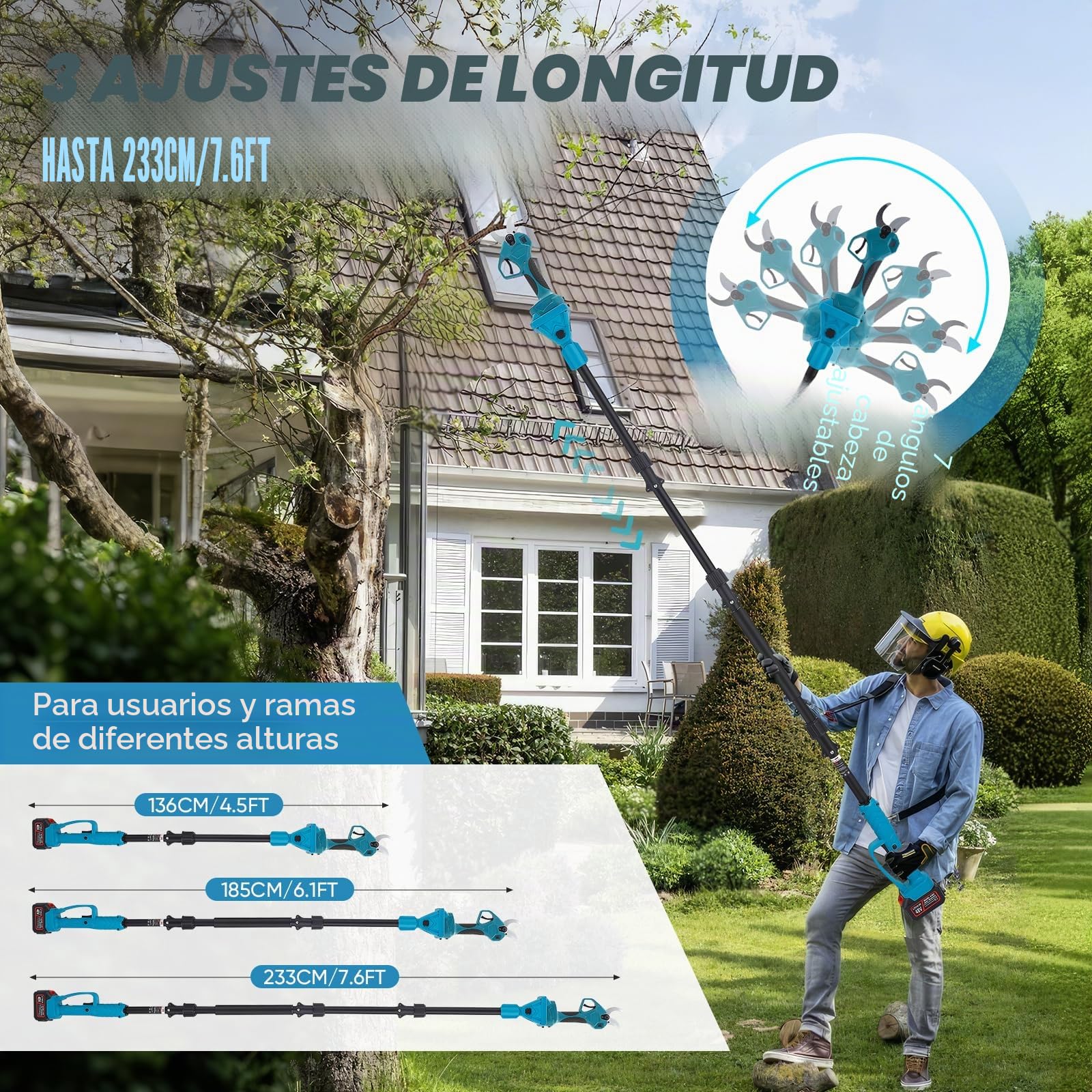 Élagueuse sur perche sans fil 2-en-1 | Perche télescopique de 2,3 m | Écran LCD | 2 batteries 21 V 3,0 Ah | Diamètre de coupe de 40 mm | Compatible Makita | Élagueuse sans fil (2 IN 1)