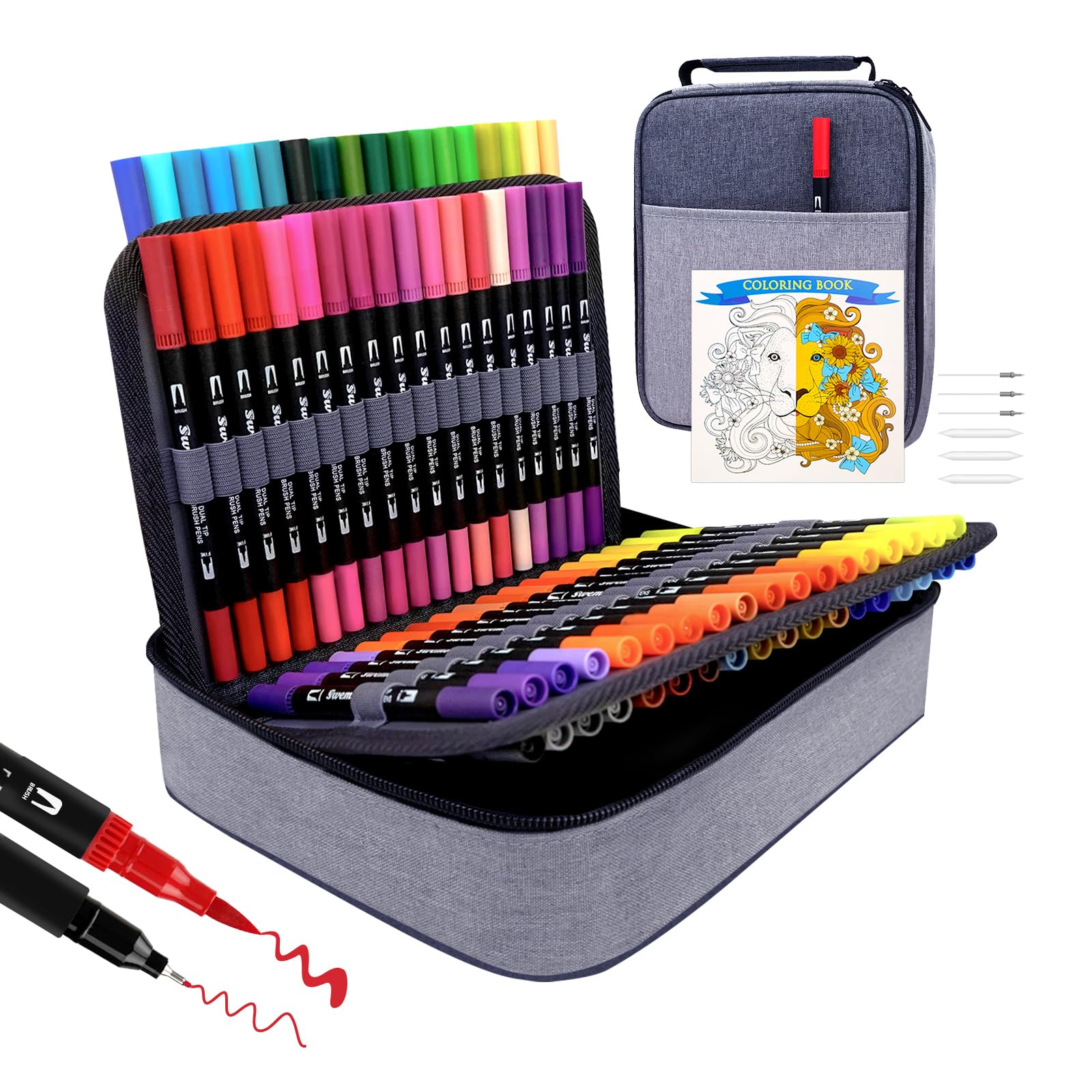 Swemos Markers for Adult Coloring Book, 72 Colors Art Markers Set Dual Tip Brush Pen, Coloring Markers Fine Point Artist Drawing Paintings Diaries Journaling Art projects Art Supplies with Case
