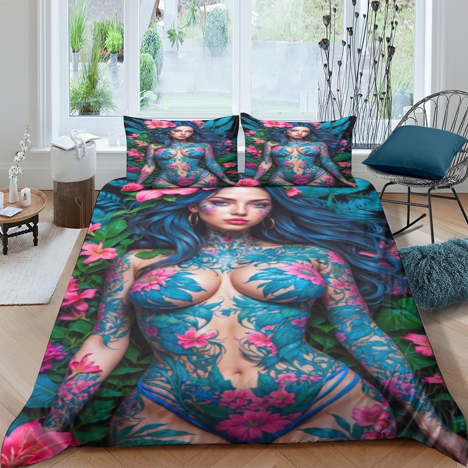 XHSMSHWY Flower Arm Girl 3D Print Anime Girl Comforter Covers Quilt Cover for Teens And Adults Duvet Cover Bedding Set Soft Microfiber with Zipper Closure with Pillow Cases 3 Pieces Double（200x200cm）