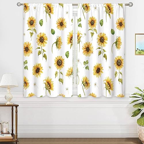 Miniatura 2 de oolygoo Cortinas rústicas de girasol amarillo para ventana, bolsillo para cortinero, plantas de campo, flores de otoño, cortinas de otoño para
