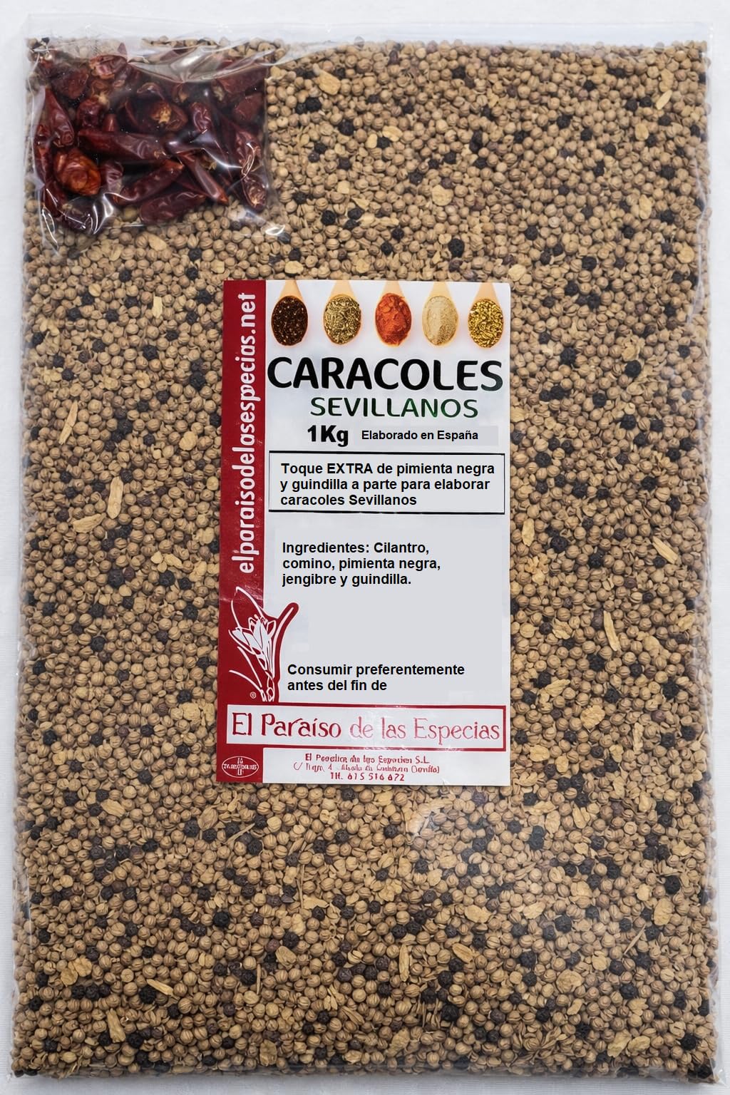 El Paraíso de las Especias Caracoles Extra Sevillano 1000 grs Mezcla con Pimienta Negra y Guindilla