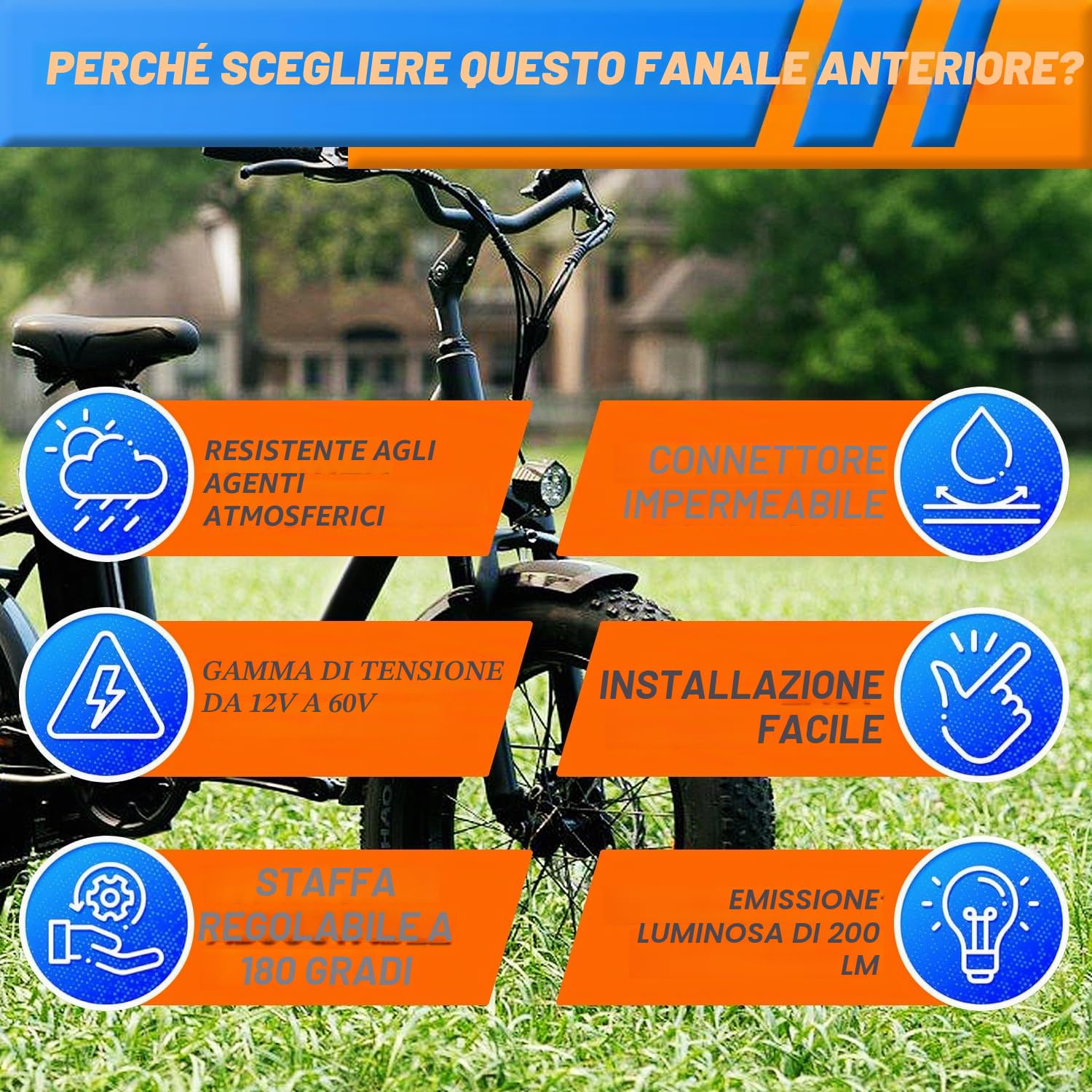 Fanale anteriore per e-bike 48V 36V, compatibile 12V-60V, faro elettrico per bici con connettore impermeabile a 2 pin