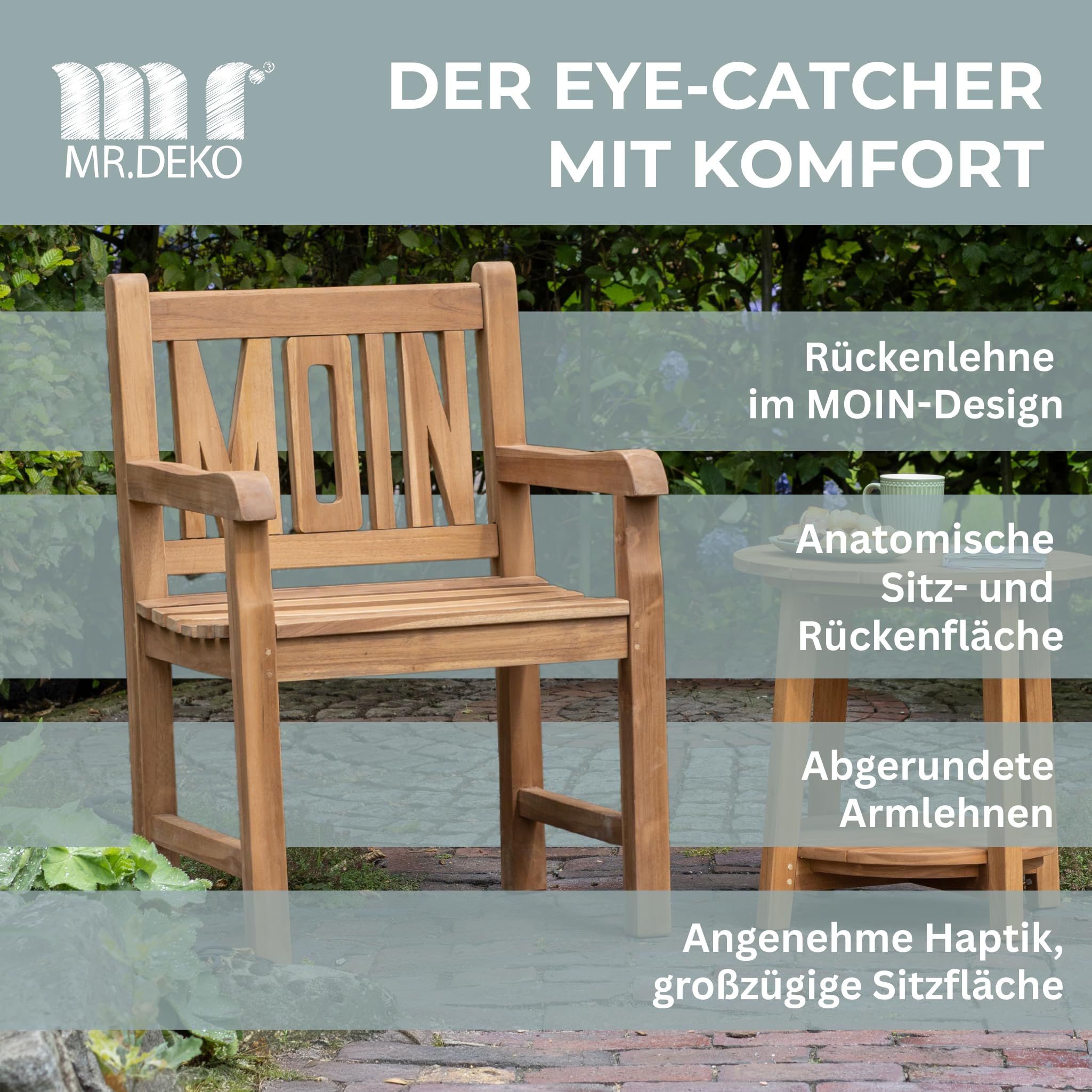 MR. DEKO Moin - Sillón de jardín (madera de teca, resistente a la intemperie, madera de teca) | Silla de madera al aire libre