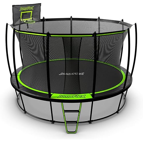 JumpFlex Hero Round Outdoor Backyard Trampoline with Net Safety Enclosure and Ladder - Heavy-Duty Jumping Trampoline Play Equipment for Family