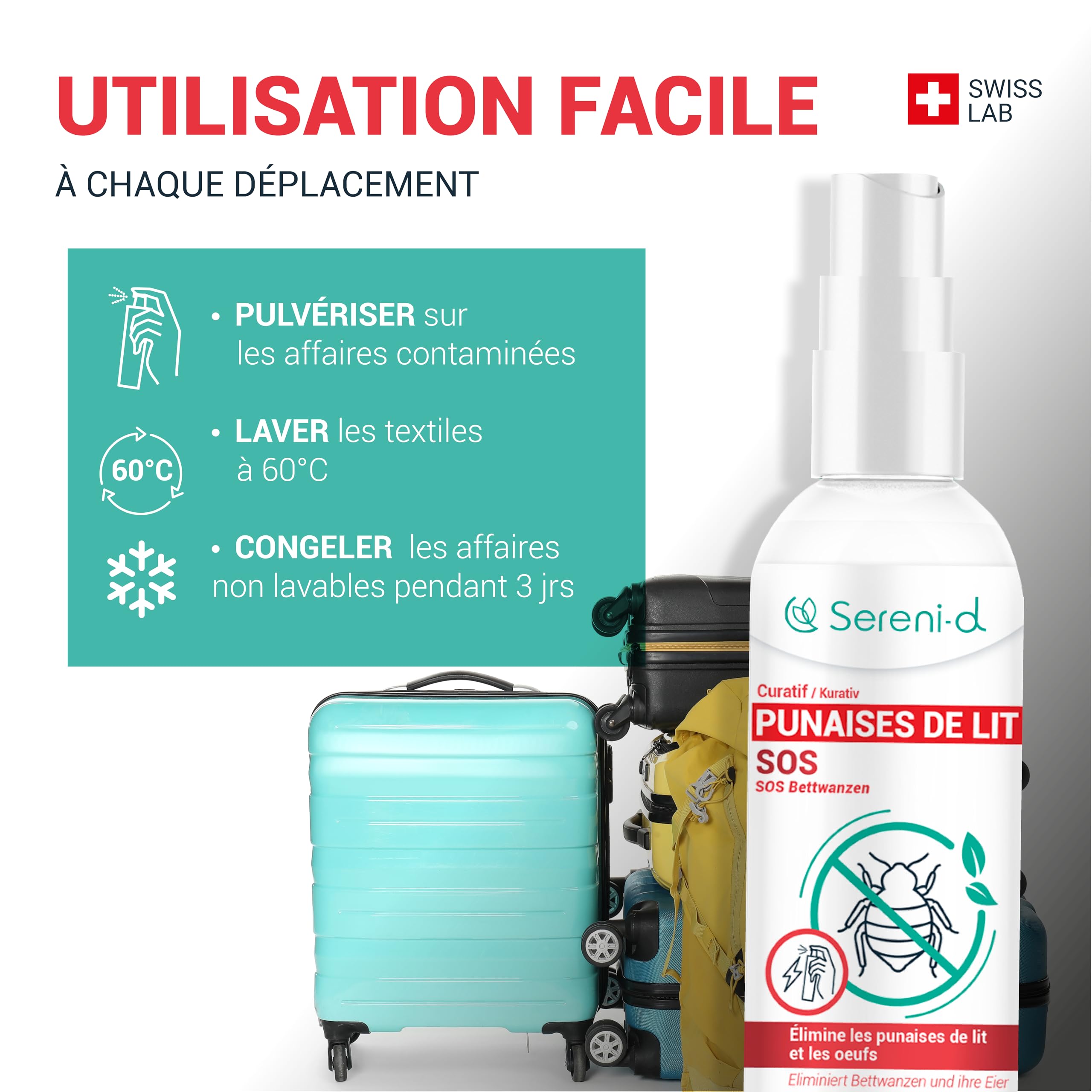 SOS ANTI PUNAISES DE LIT SUPER PUISSANT Sereni-d - Spray Insecticide CHOC Traitement naturel aux Huiles Essentielles et Fleur de Pyrèthre Végétal - Produit qui élimine les punaises de lit - 100mL