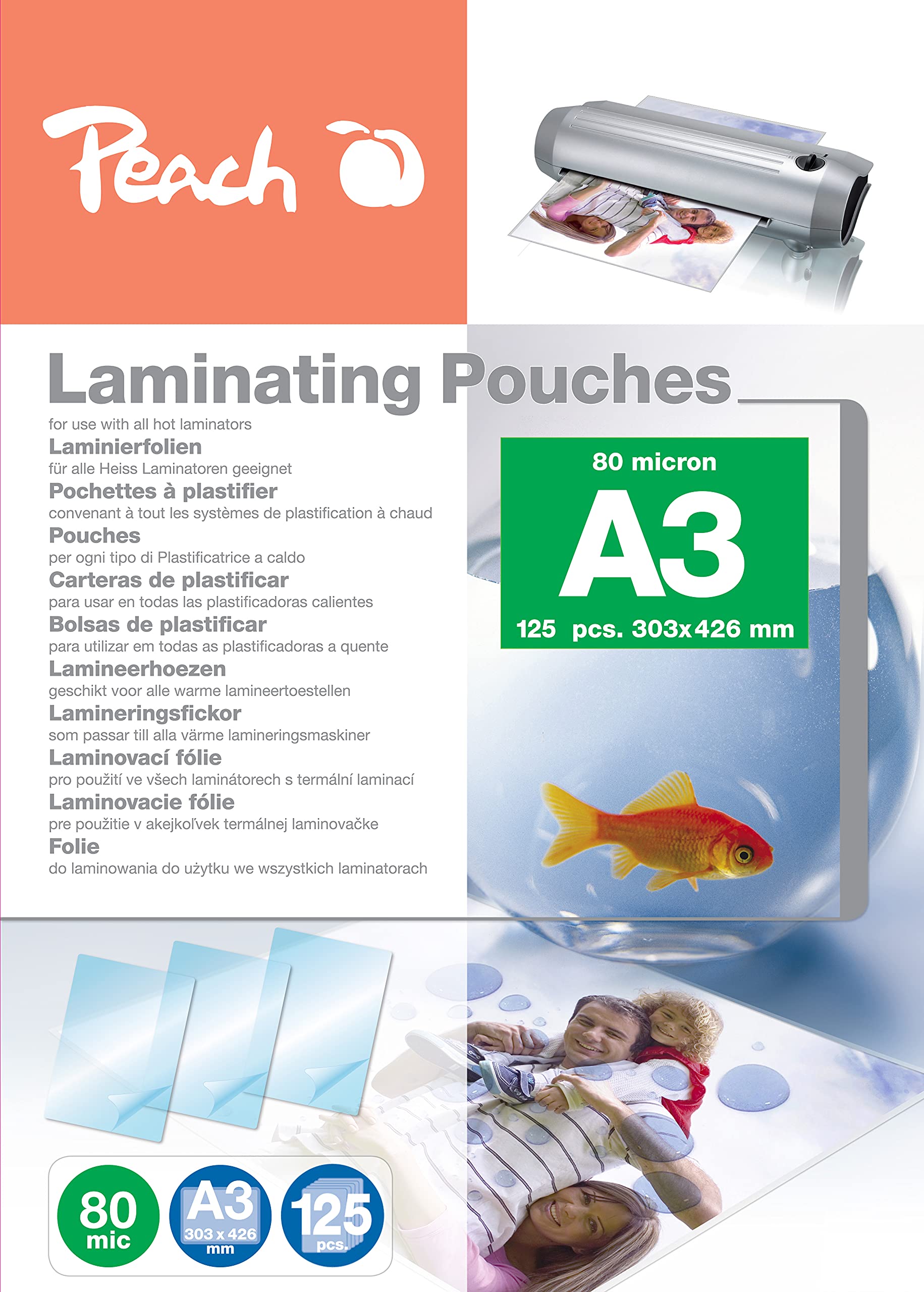 Peach Laminating Pouches A3, 80 mic, PP580-01, 100-pack