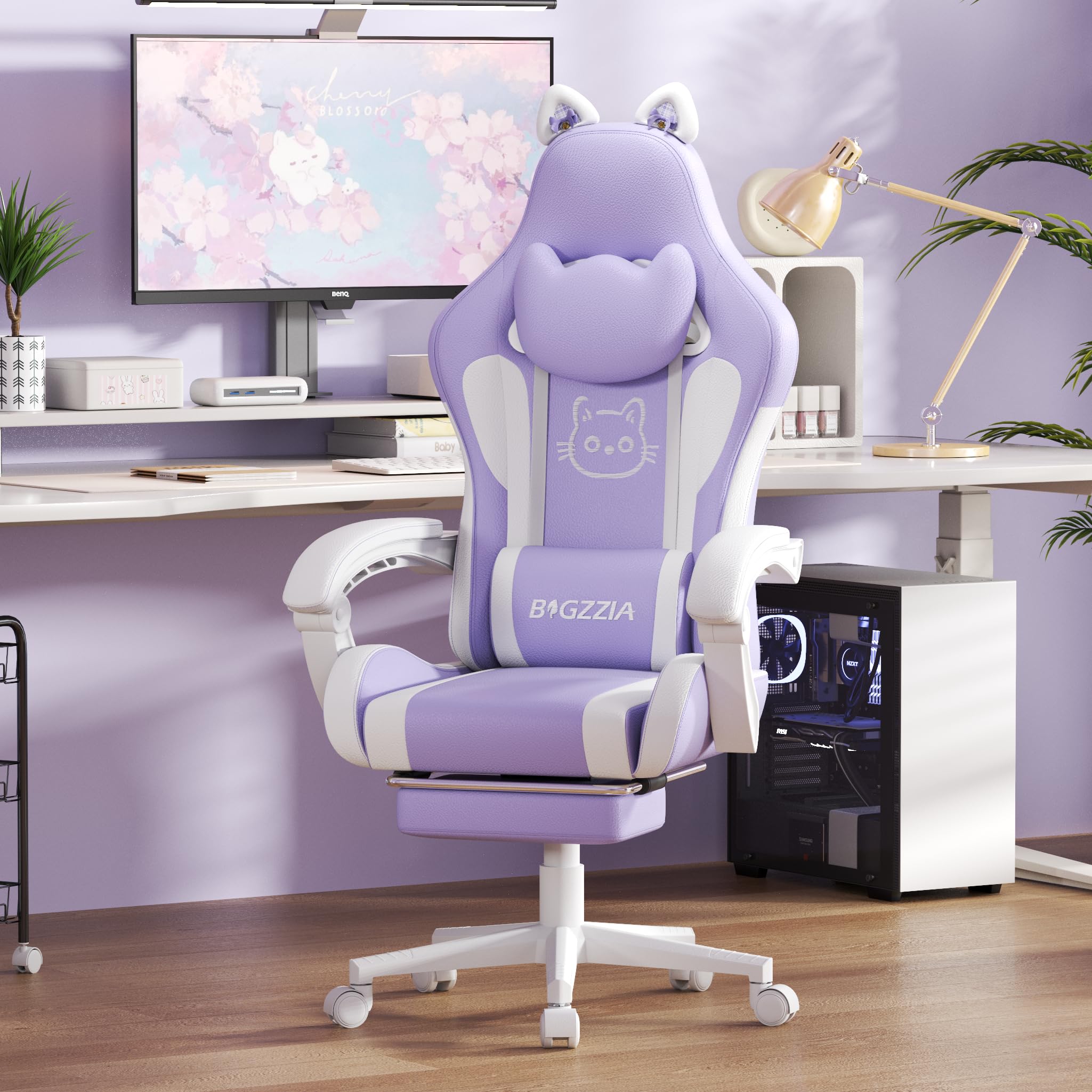 Racingreat Gaming Chair,Ergonomic Gaming Chair with Cat Ears for Girls Adults, Height Adjustable Reclining Computer Game Chair Comfortable with Headrest and Massage Lumbar Support (Purple)