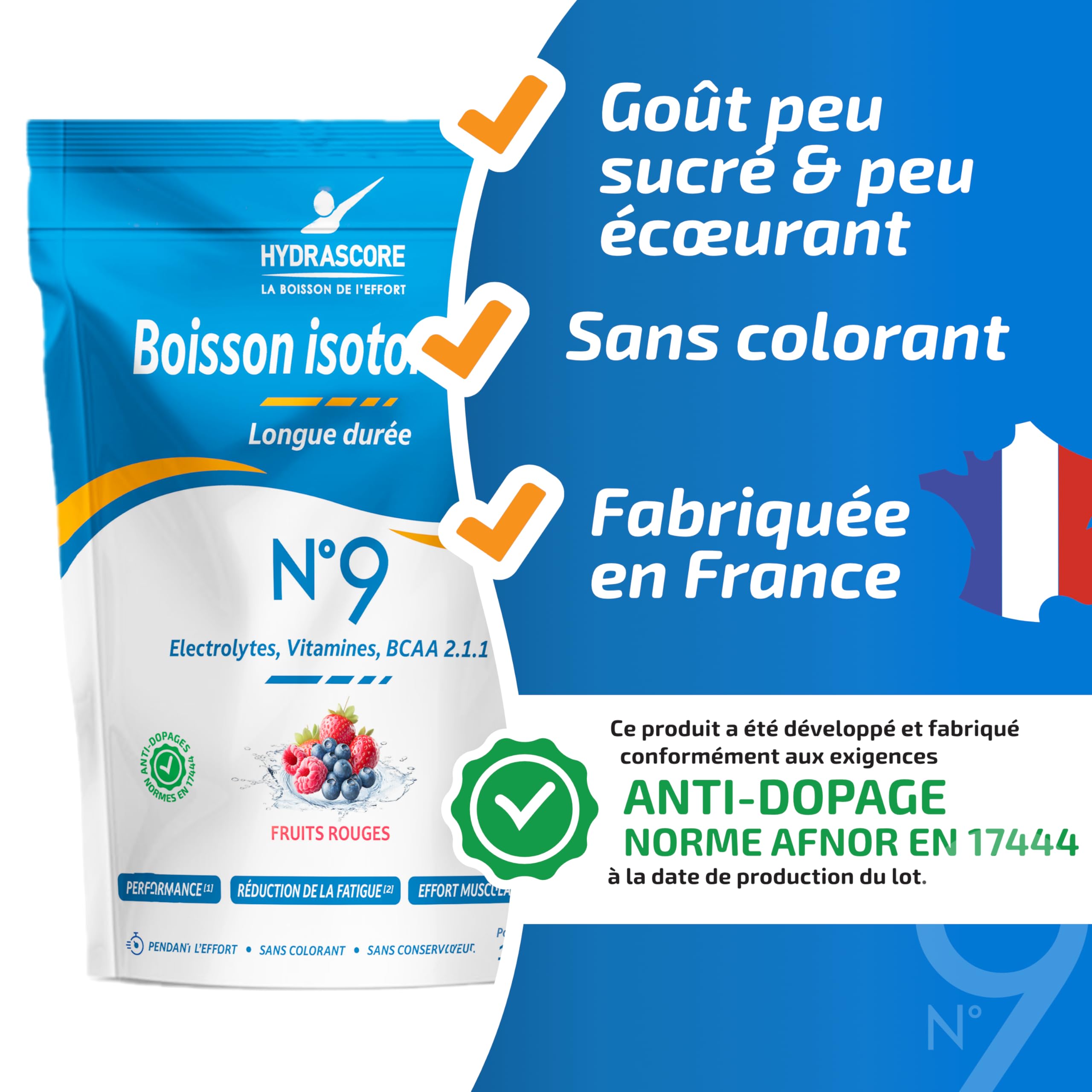 Hydrascore N°9 - Fruits Rouges 1200 g - Nouvelle Recette - Boisson Isotonique Energétique pour Sportifs - Running, Vélo, Triathlon - Énergisante & Hydratante - Électrolytes Hydratation BCAA - H1036