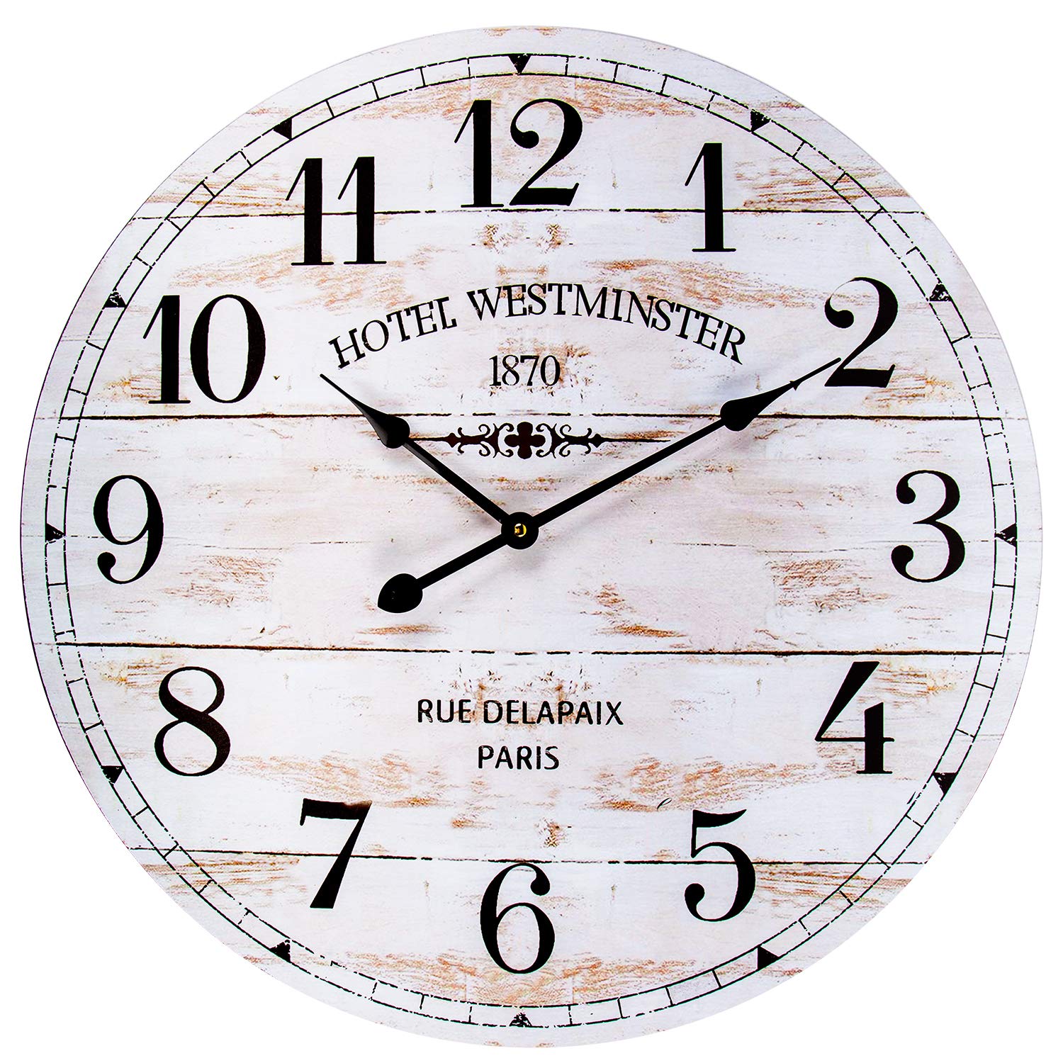 BEW Decorative Wall Clock, French Paris Hotel Westminster Countryside Rustic Clock, Large Silent Wooden Hanging Clock for Living Room, Bedroom, Farmhouse, Apartment, School, Hotel - 24 Inch