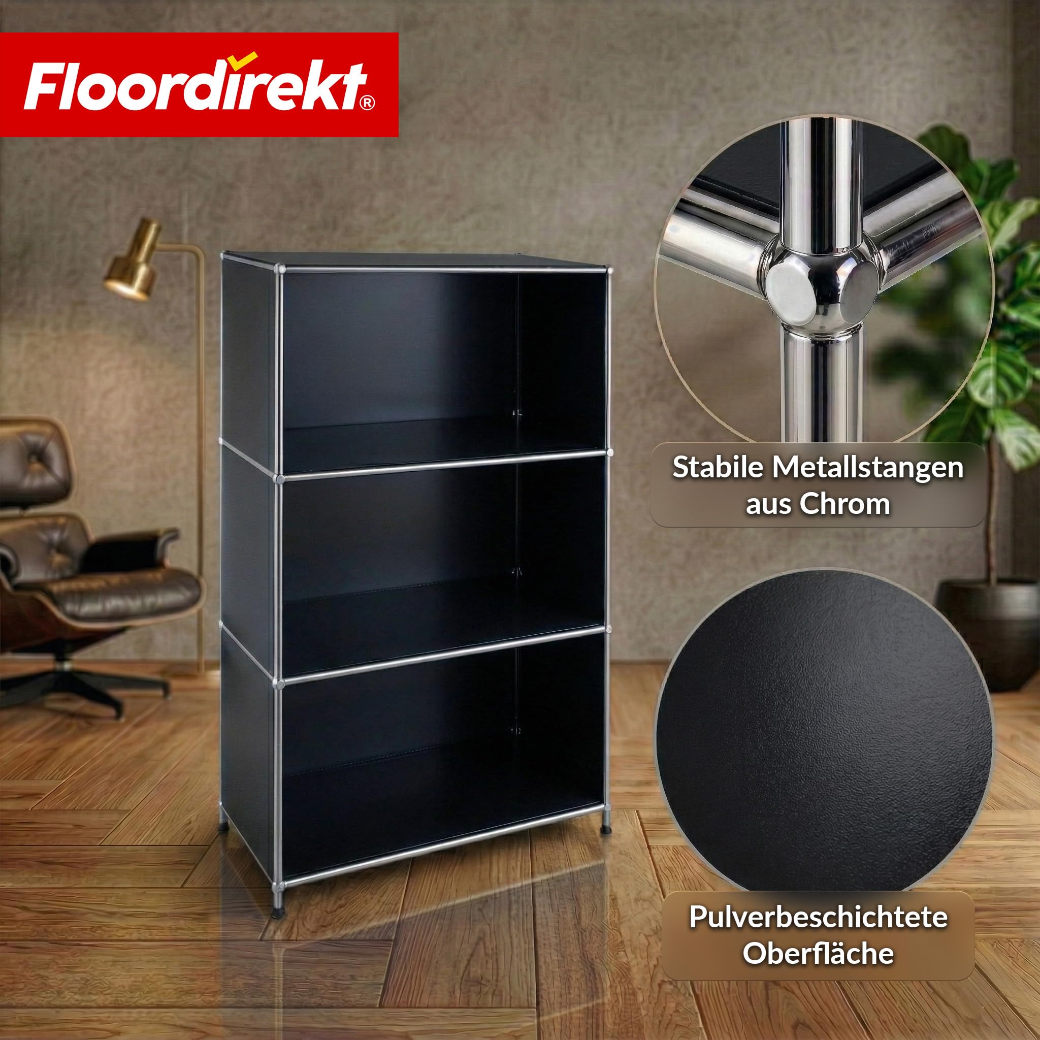 Floordirekt Regal Schwarz 75x40x120cm - 4 Ablagen - Metallregal mit Seitenwänden - Modernes Aufbewahrungsregal - Würfelregal - Concept Epure MK-101