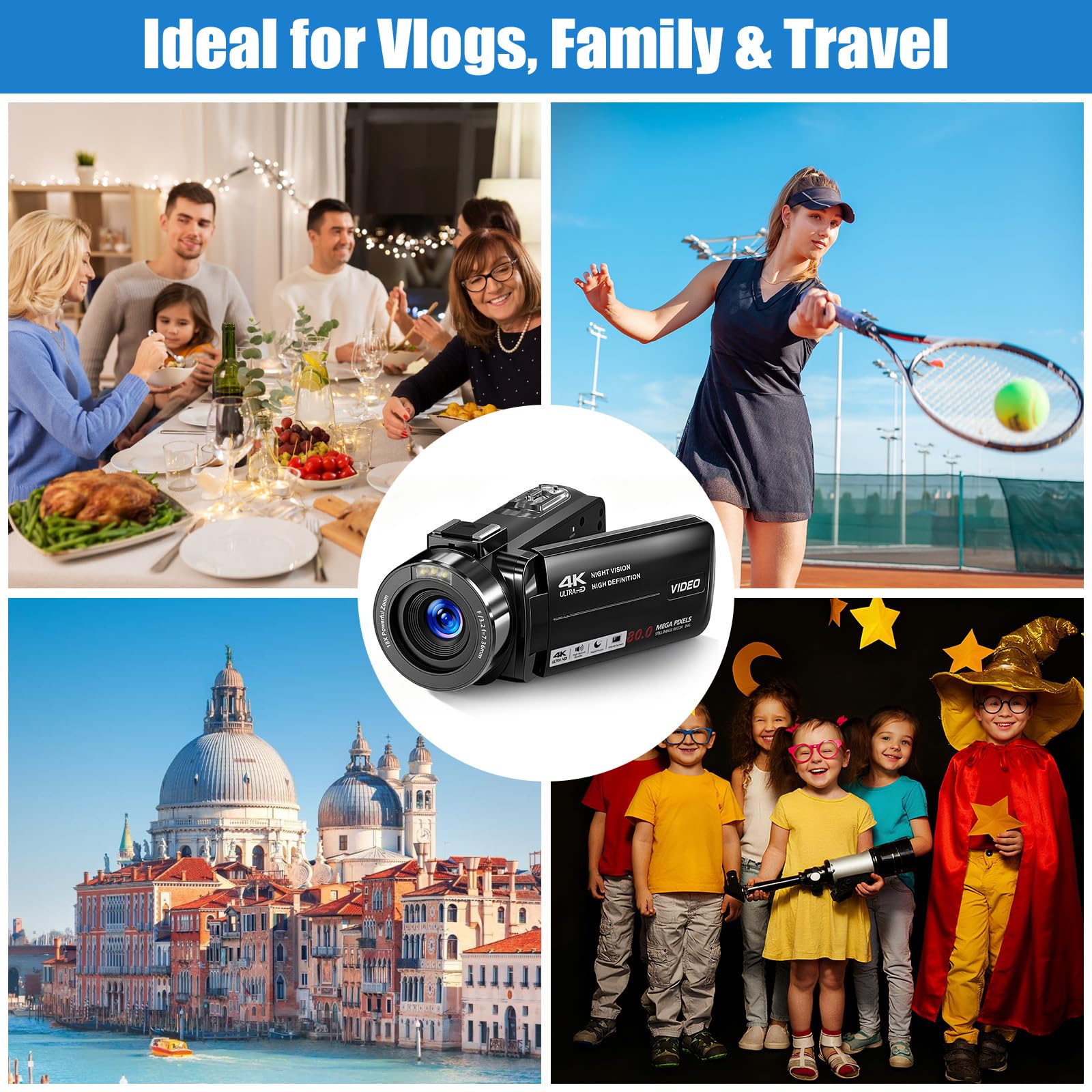 Videocamera 4K, 80 MP, HD, per YouTube, con visione notturna IR, zoom digitale 18x, schermo IPS da 3 pollici, scheda SD, 2 batterie