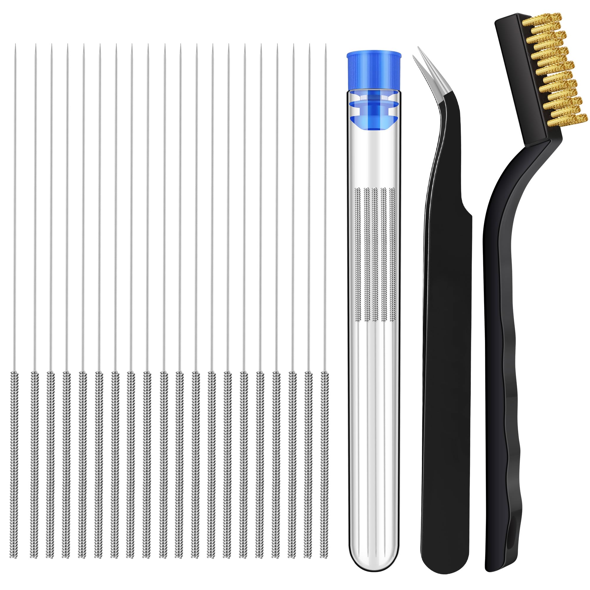 22PCS 3D Printer Nozzle Cleaning Kit, 3D Printer Cleaning Kit with 20x 0.4mm Stainless Steel Needles, 1 Precision Tweezer & Copper Wire Brush,