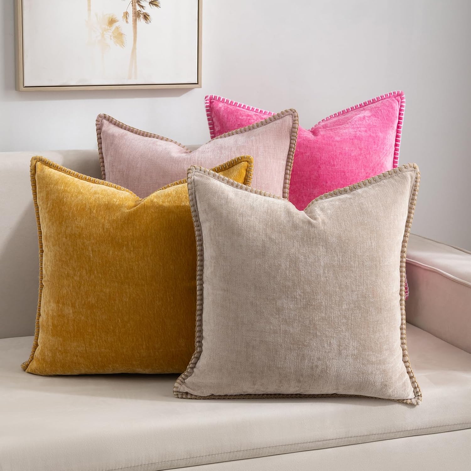 Decorative Throw Pillow Covers Pack of 2, 18x18 In Chenille Soft Pillow Covers with Stitched Edge, Farmhouse Neutral Euro Decorative Pillows for Bed Couch Sofa Home Decor Living Room,Beige - Image 2