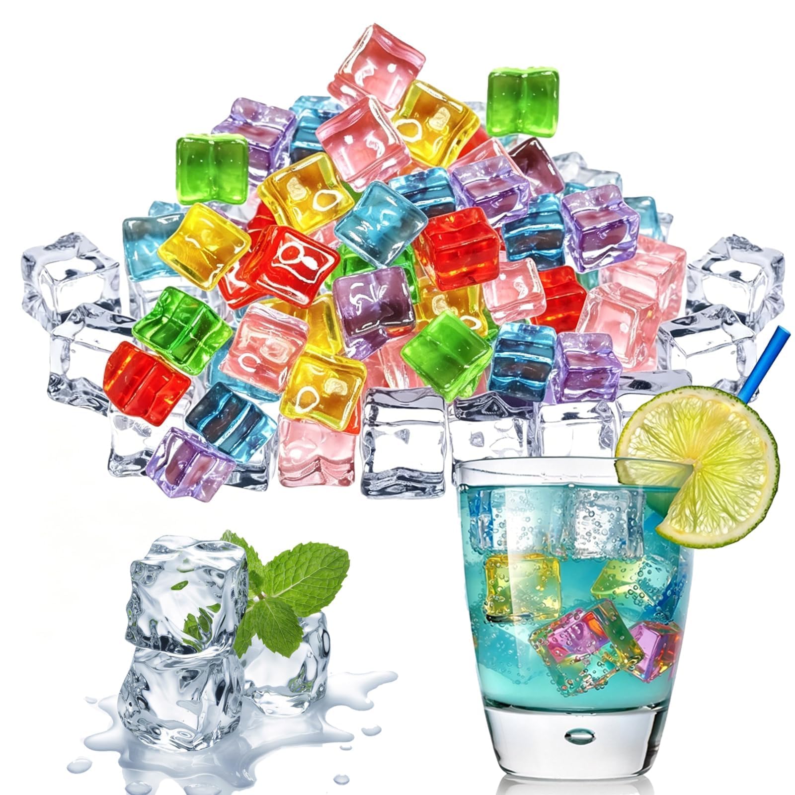 nuneoeuo 100Pcs Fake Ice Cubes Reusable Ice Cubes for Drinks Clear colorful Plastic Refreezable Cooling Blocks, Non Melting Decorative Cubes for Bar Party Drinks Home Beverage Use